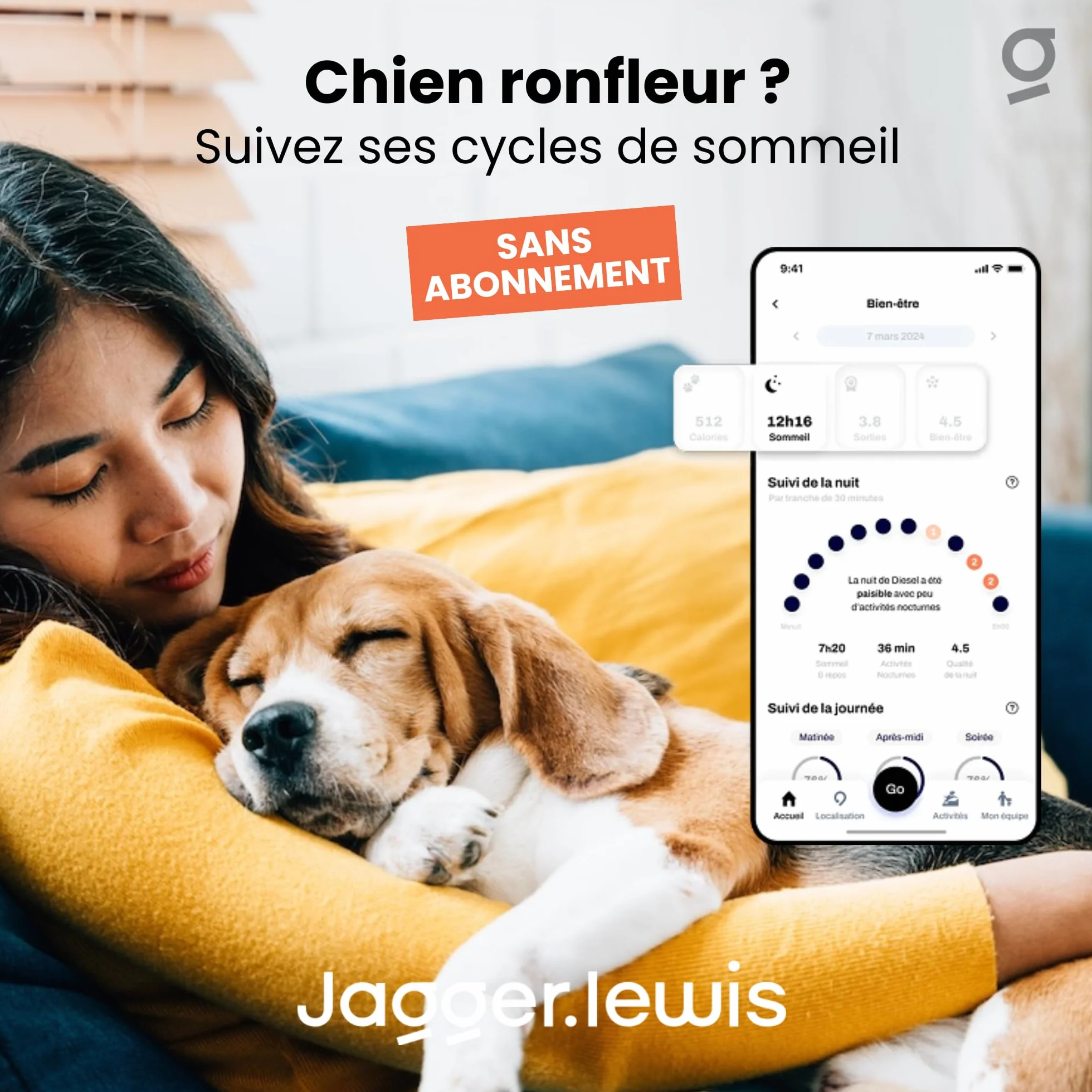 Jagger Lewis GPS Collier Chien sans Abonnement Localisation Direct Anti-Fugue Suivi Activité Bien-Être iOS Android Charbon Smartdock