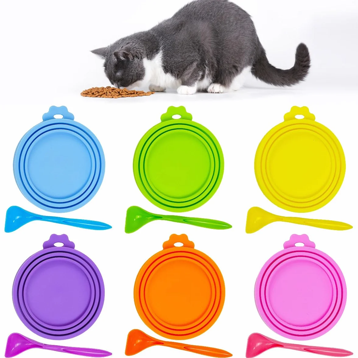 Lot De 6 Couvercles De Boîte De Nourriture pour Chat avec 6 Cuillères en Silicone 70g 85g 200g 400g