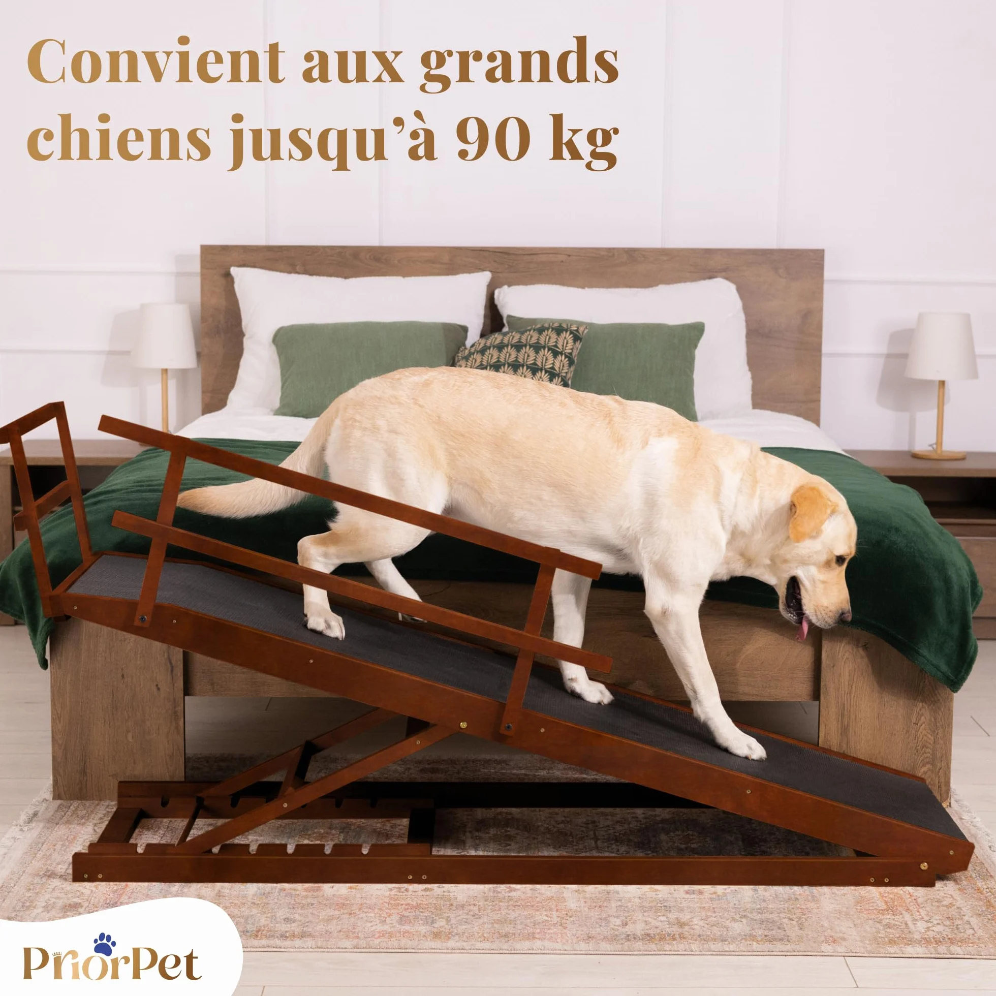 Rampe pour Chien Grande Taille avec Barrières de Sécurité, Pliable, Antidérapante, Bois de Bouleau, Noix, jusqu'à 94,5 cm, 90 kg