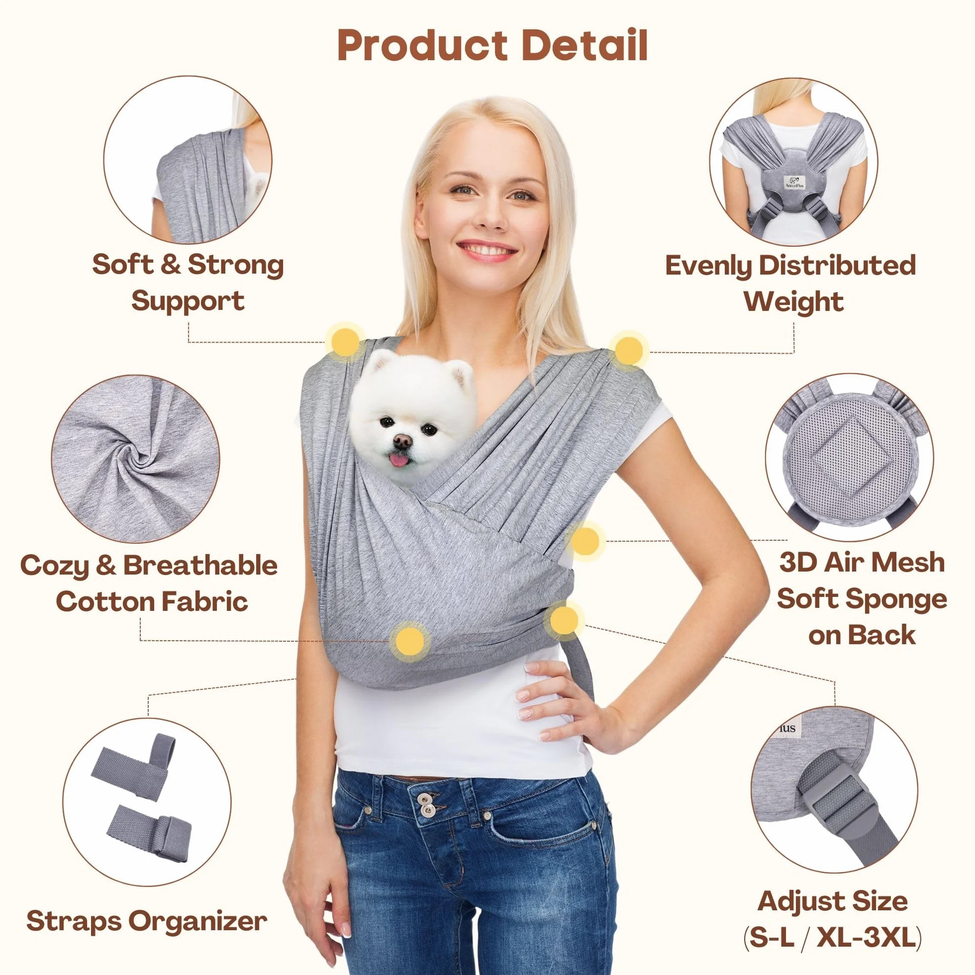 Écharpe de Transport pour Chien Petite Taille Mains Libres Taille Réglable Coton Doux Gris Chiné