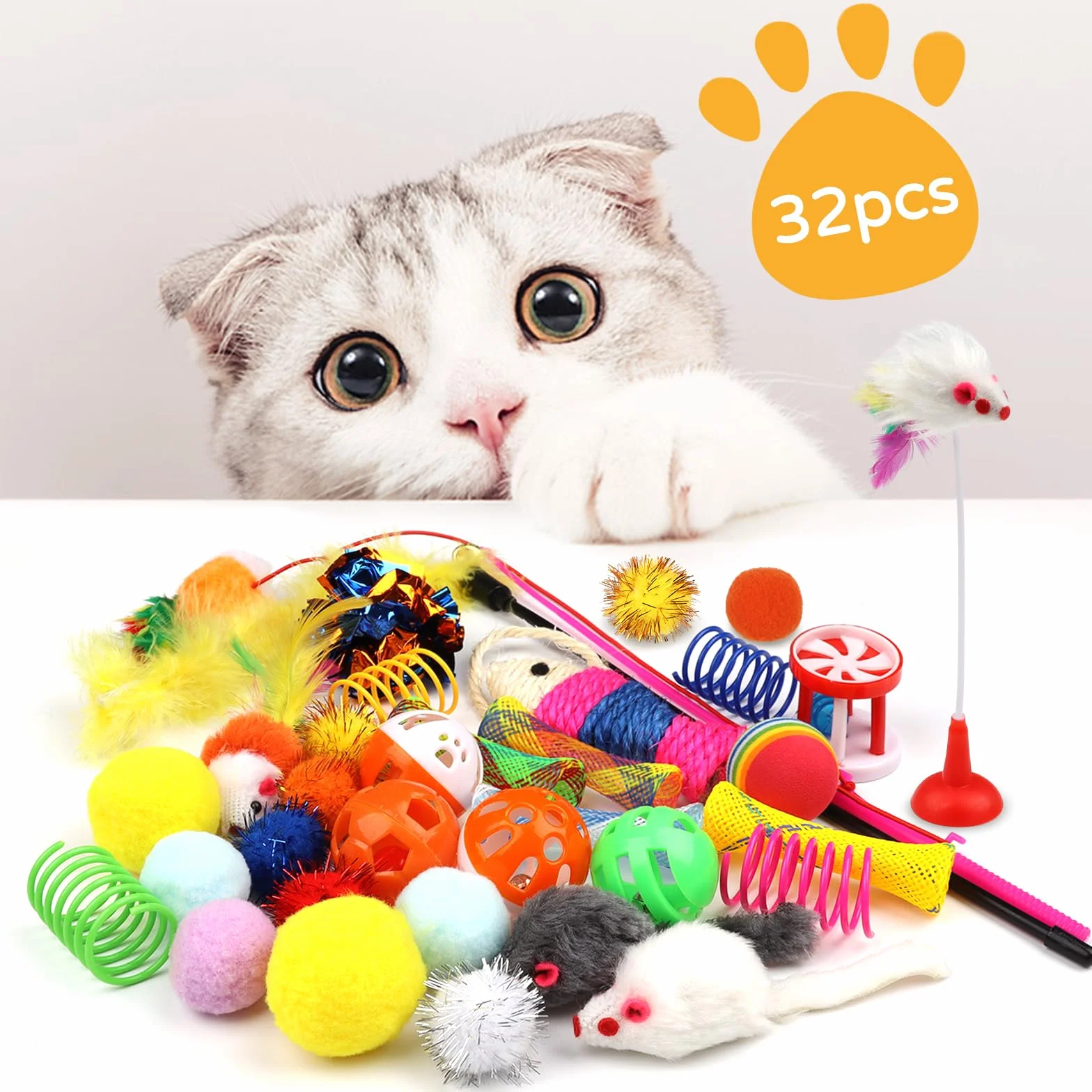 QUOZUO 32 Pièces Jouets Chat Interactif avec Plumes, Balles, Souris