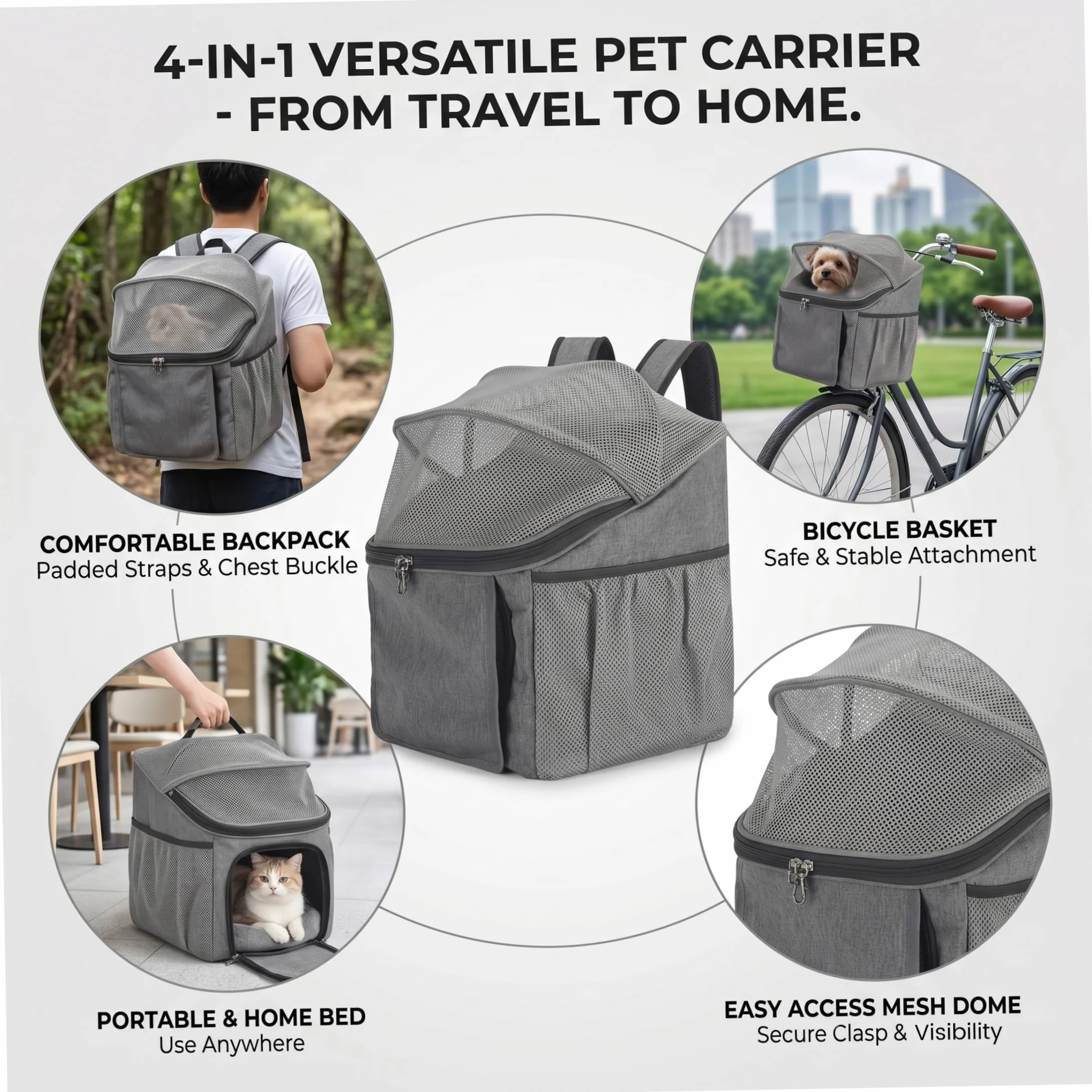 Panier de vélo pour Chien avec Boucle à dégagement Rapide, Gris