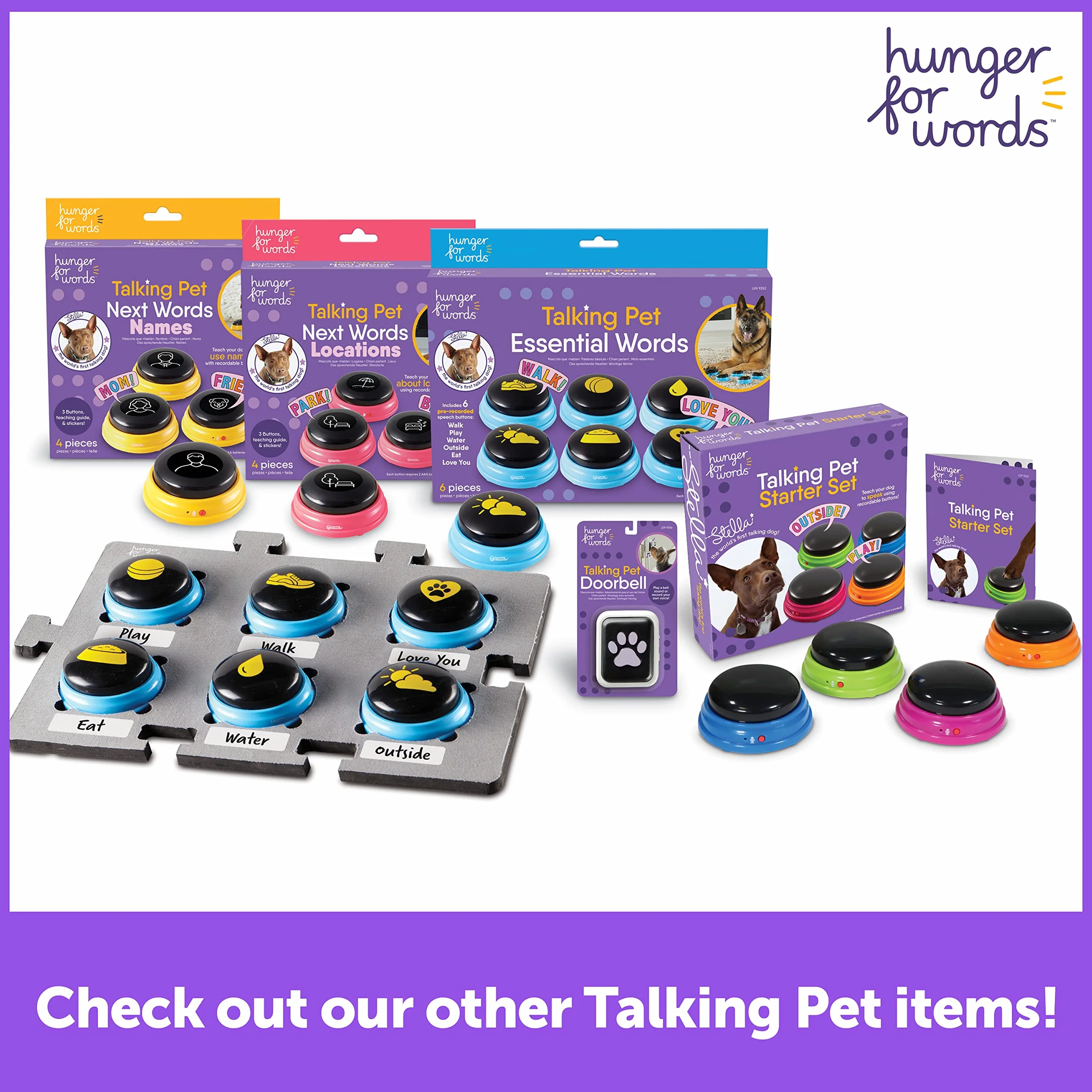 Learning Resources Hunger for Words Mots Essentiels pour Chien Parlant - kit de 6 Boutons avec Message pré-enregistré pour Chiens, Boutons de Communication pour Les Chiens
