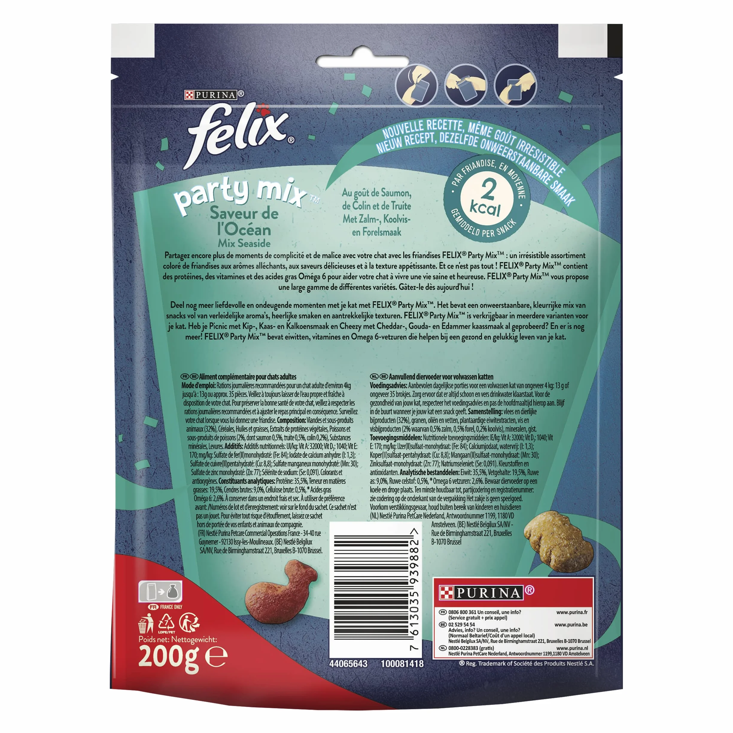 Felix | Party Mix | Friandises pour Chat Adulte | Riches en protéines, vitamines, acides Gras et oméga 6 | Saveur de l'Océan au goût irrésistible : Saumon, Colin, Truite | Sac | Lot de 5 x 200g