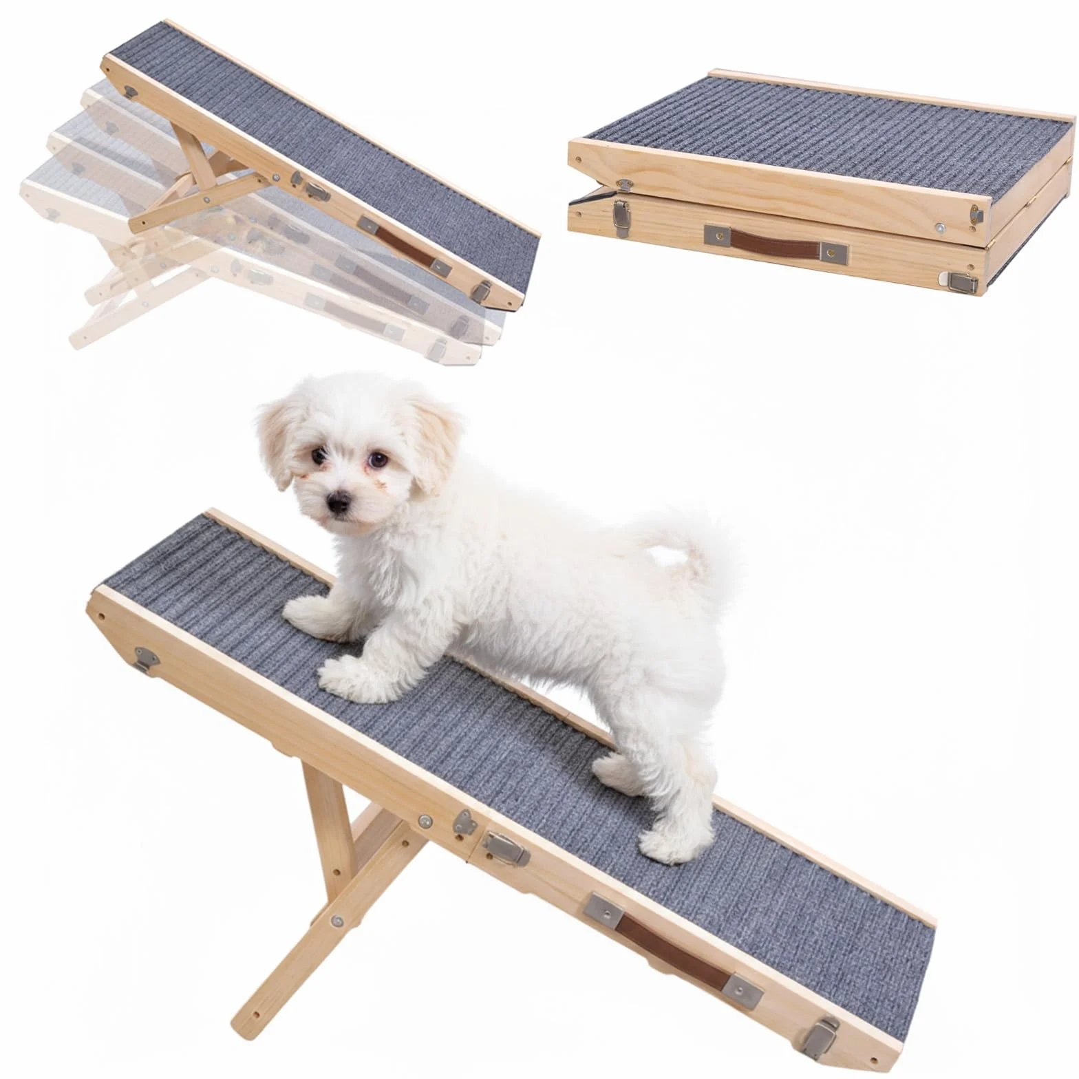Rampe pour chien en bois, Escalier pour chien 4 marches Réglable de 24,5 cm à 45 cm, Rampe pour chien avec coussin antidérapant pour canapé, voiture, lit, Rampes pour chien pliables pour