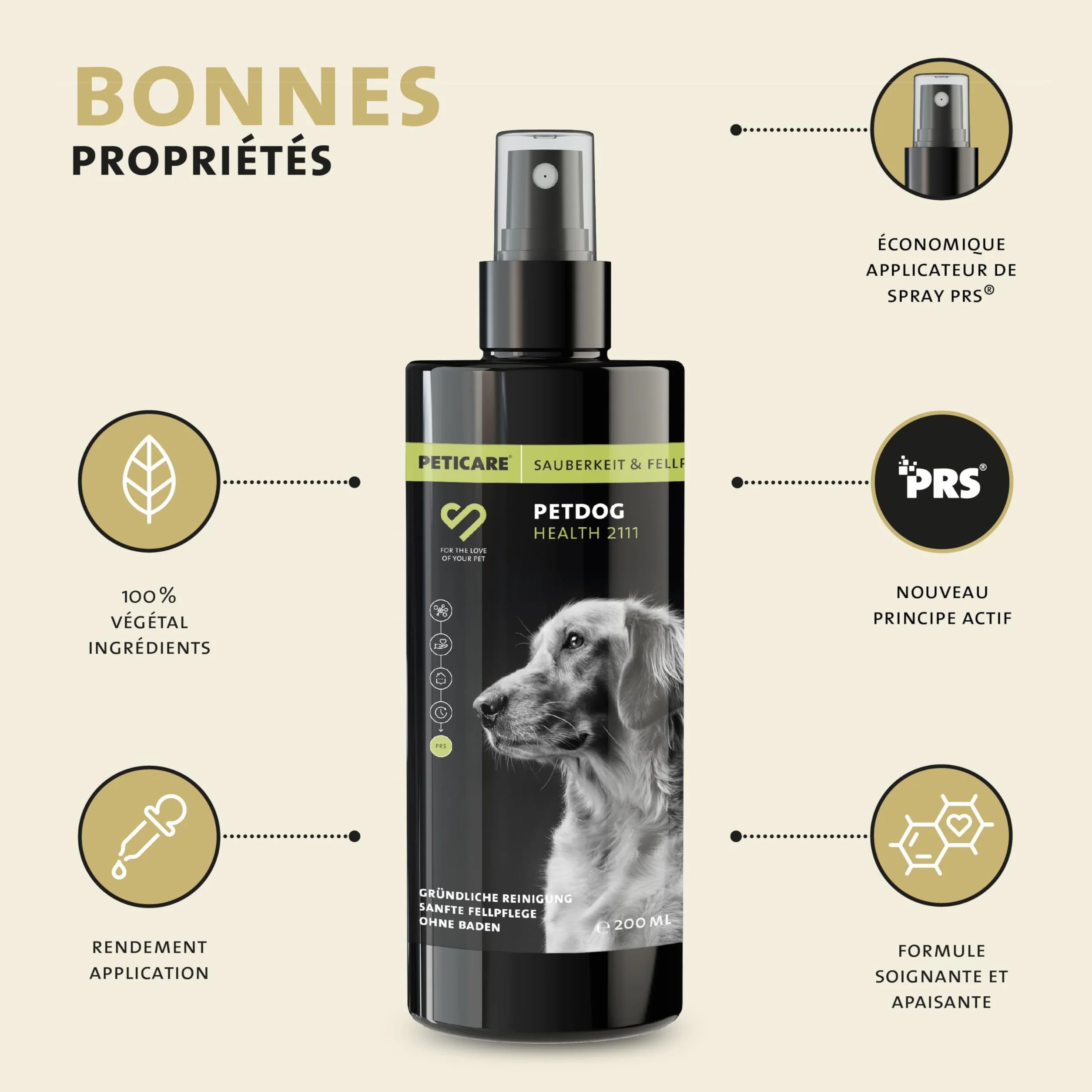 Peticare Shampoo Sec Naturel pour Chiens | Nettoyage sans Stress et Eau | Contre la saleté, Les odeurs | Soin du Pelage pour Tous Types de Poils | avec Huile d'argan et de Coco | petDog Health 2111
