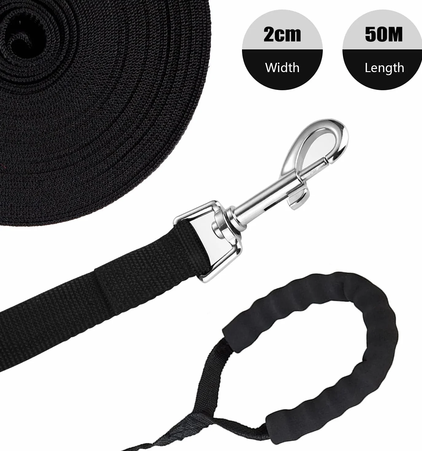 Longe pour Chien 50m Noir Laisse de Dressage Poignée Rembourrée Formation Marche Longue Chiens Petites Grandes Tailles