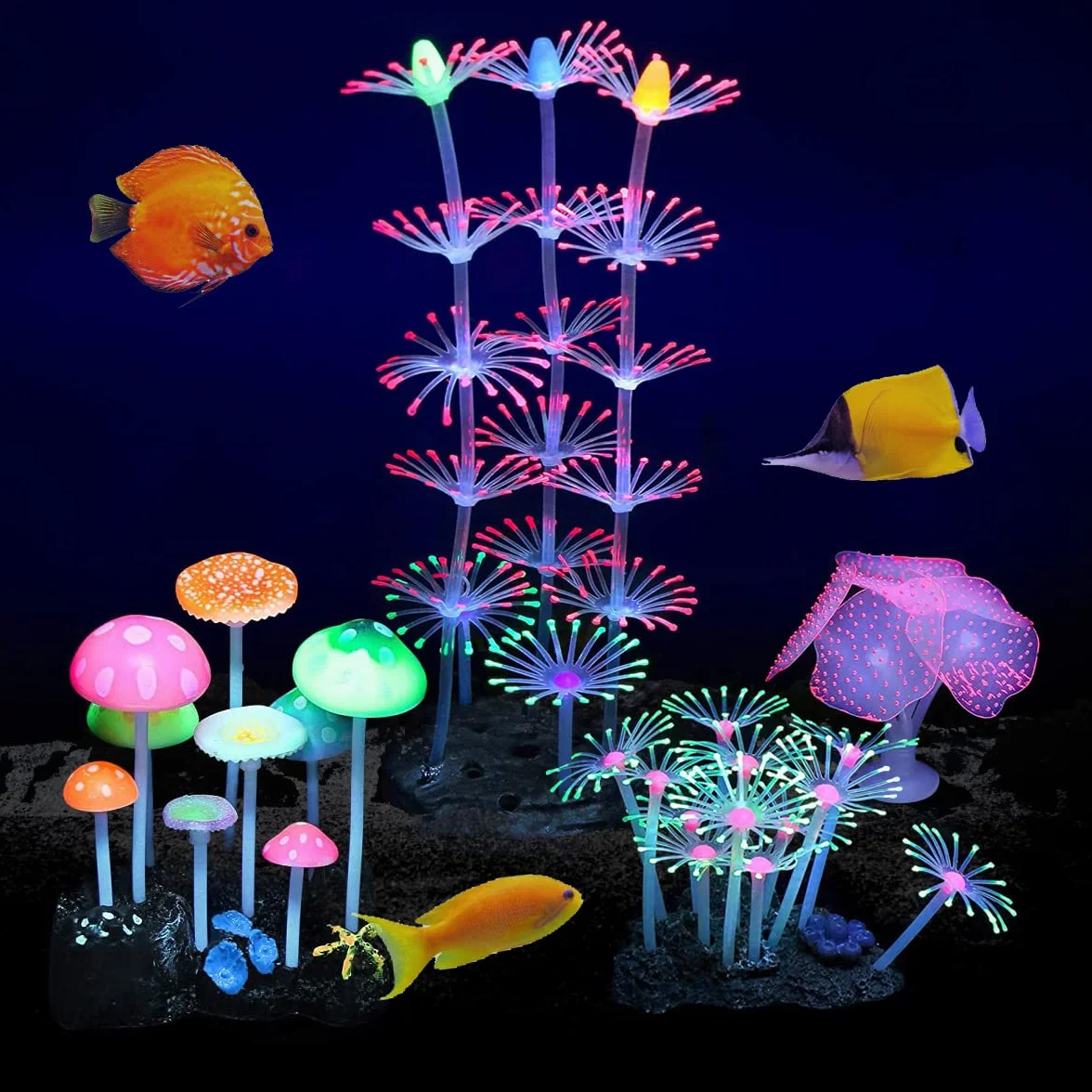 Podazz Lot de 4 Décorations Fluorescentes pour Aquarium, Corail Artificiel et Anémone en Silicone