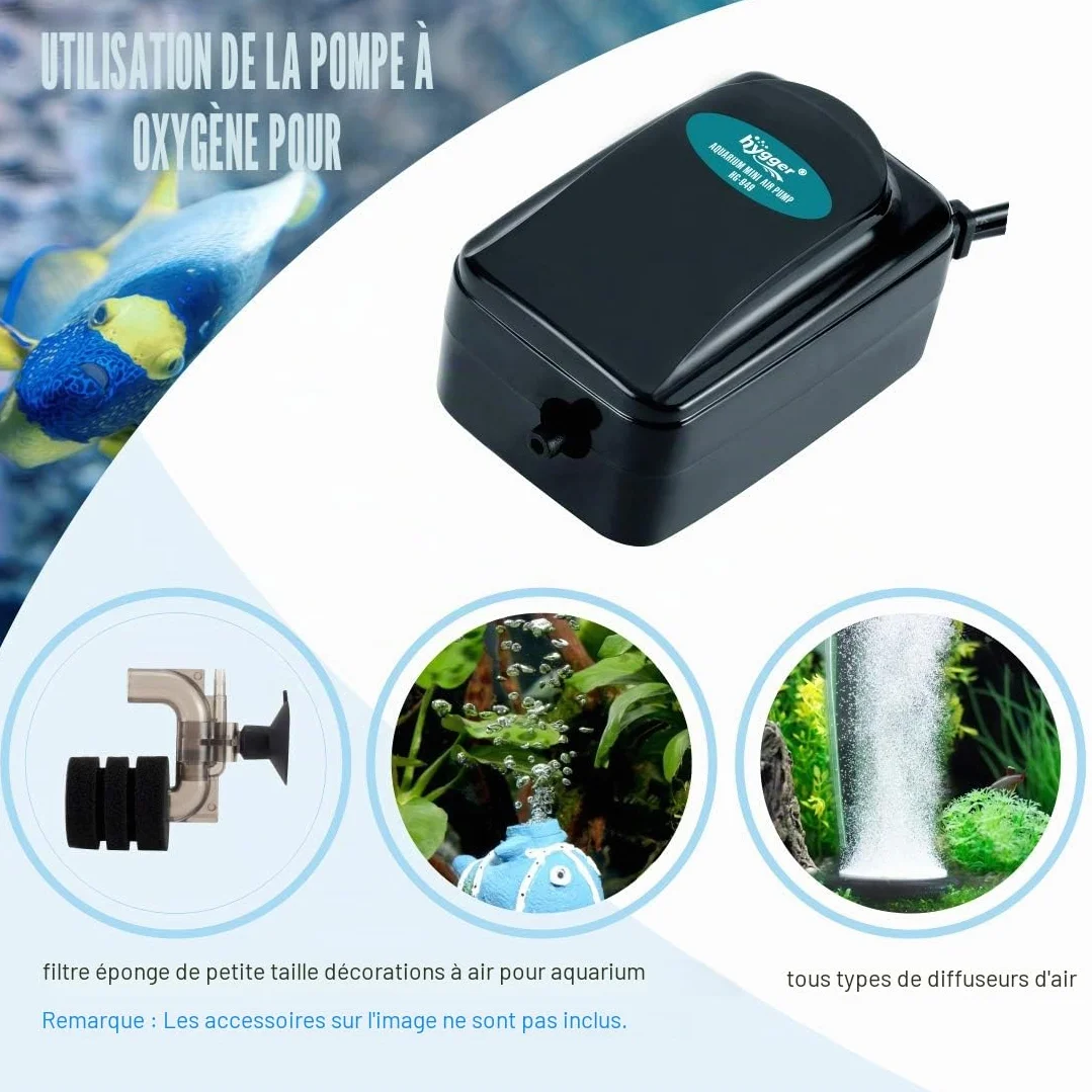 Hygger Pompe à Air Aquarium Silencieuse Réglable 1-75 L avec Tuyau et Pierre à Gazéifier 1W