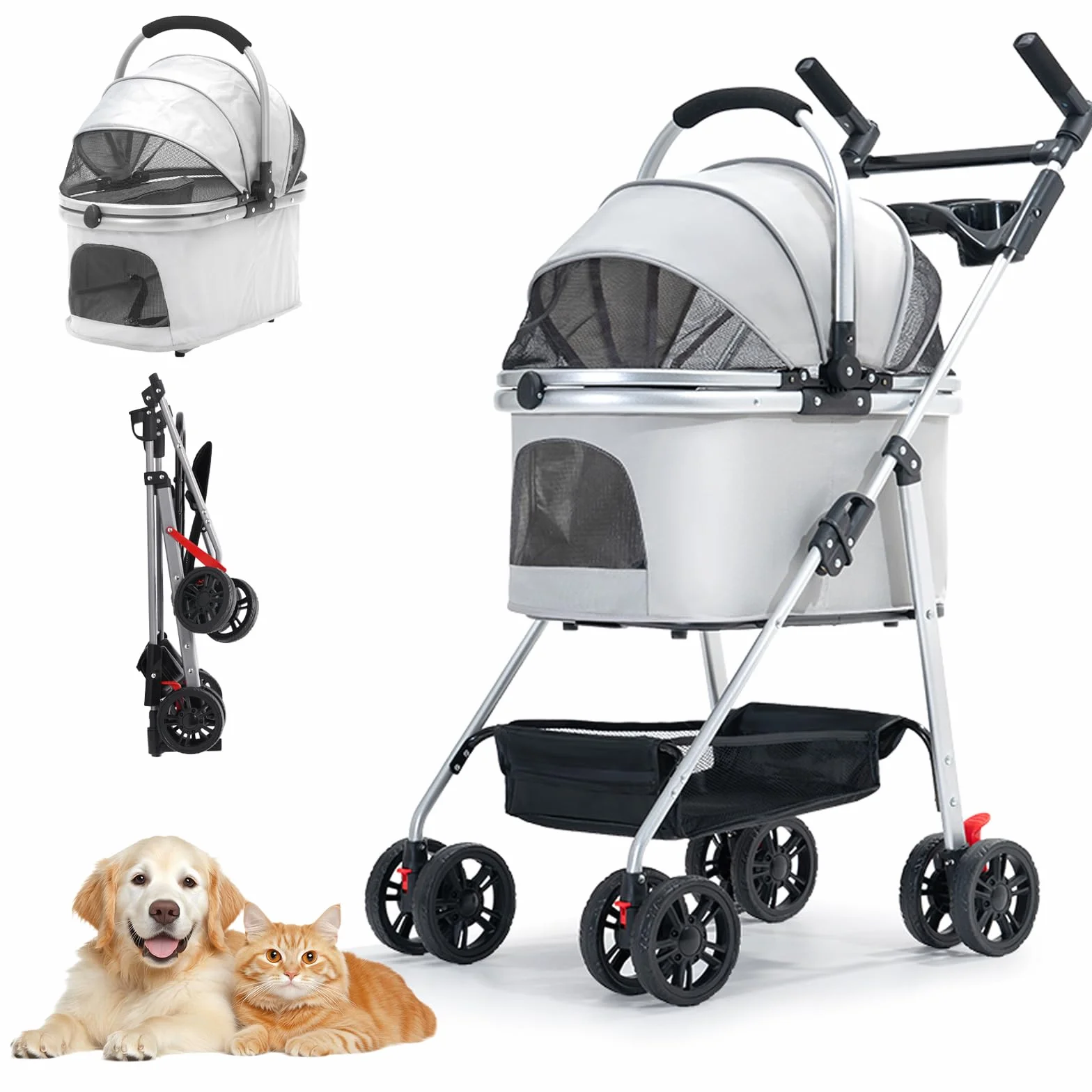Poussette pour Chien 3-en-1 Pliable jusqu'à 20 kg Roues 360° Résistant à l'Usure