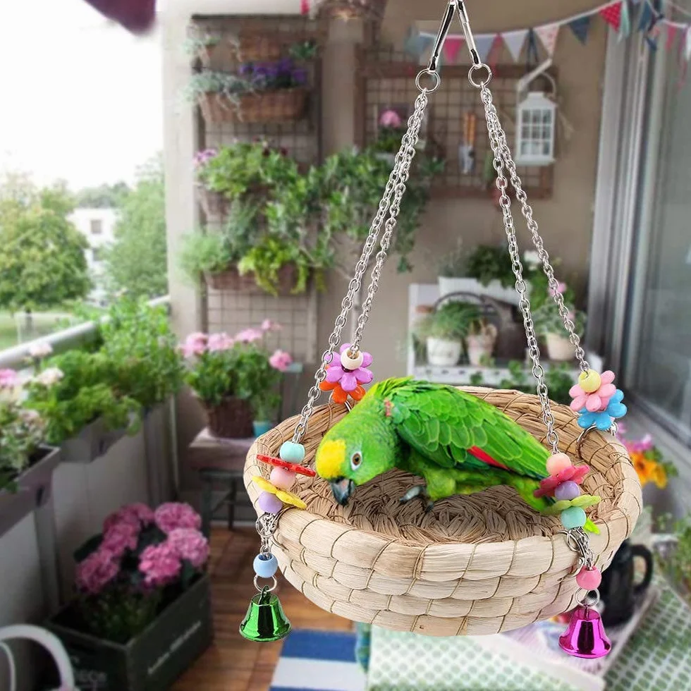 Nid d'Oiseau de Perroquet, Balançoire en Paille Tissée à la Main avec 4 Cloches en Métal