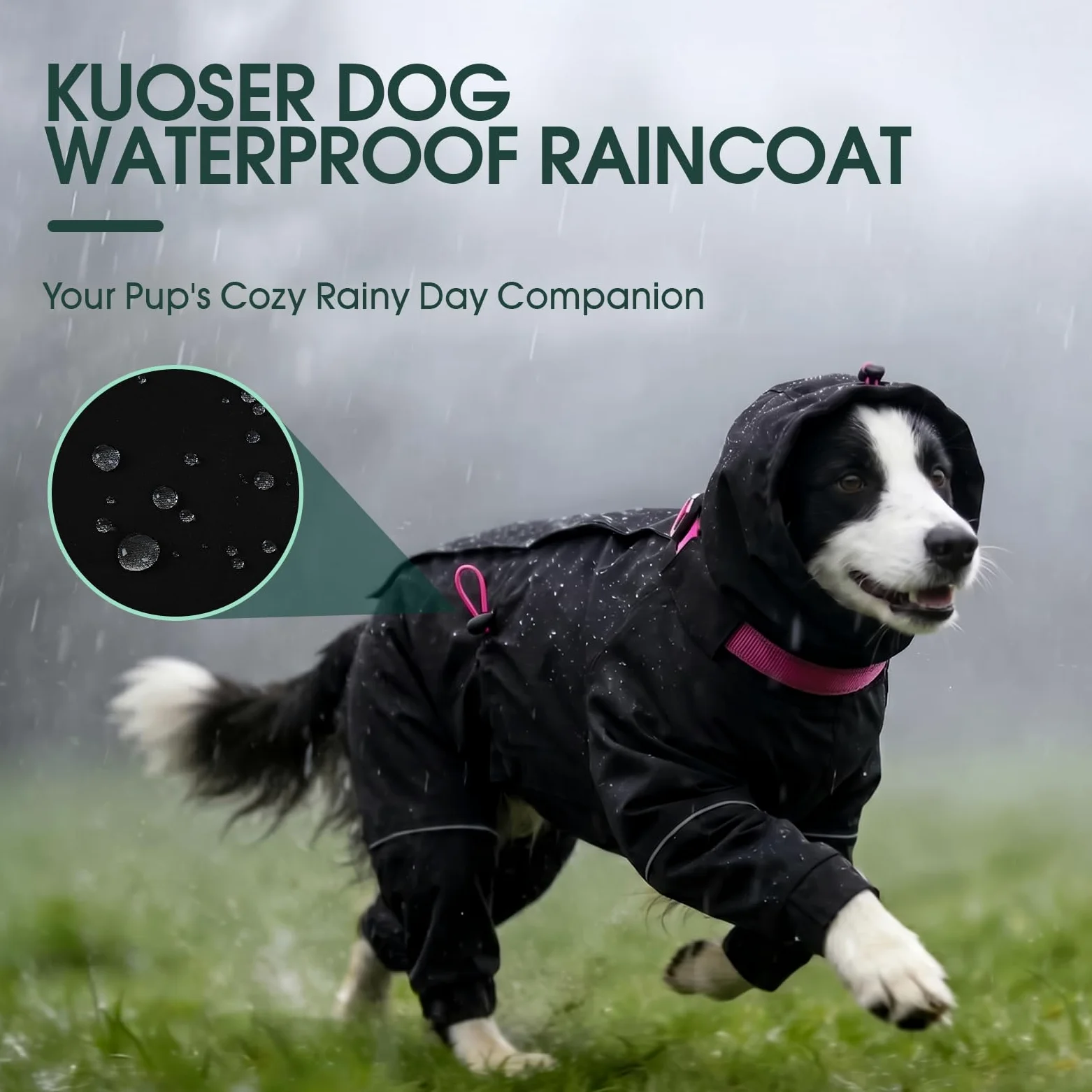 Kuoser Manteau de pluie imperméable pour chien avec capuche réglable Noir Taille XL | Manteau de pluie léger et respirant pour chien avec 4 pattes et col haut réglable réfléchissant
