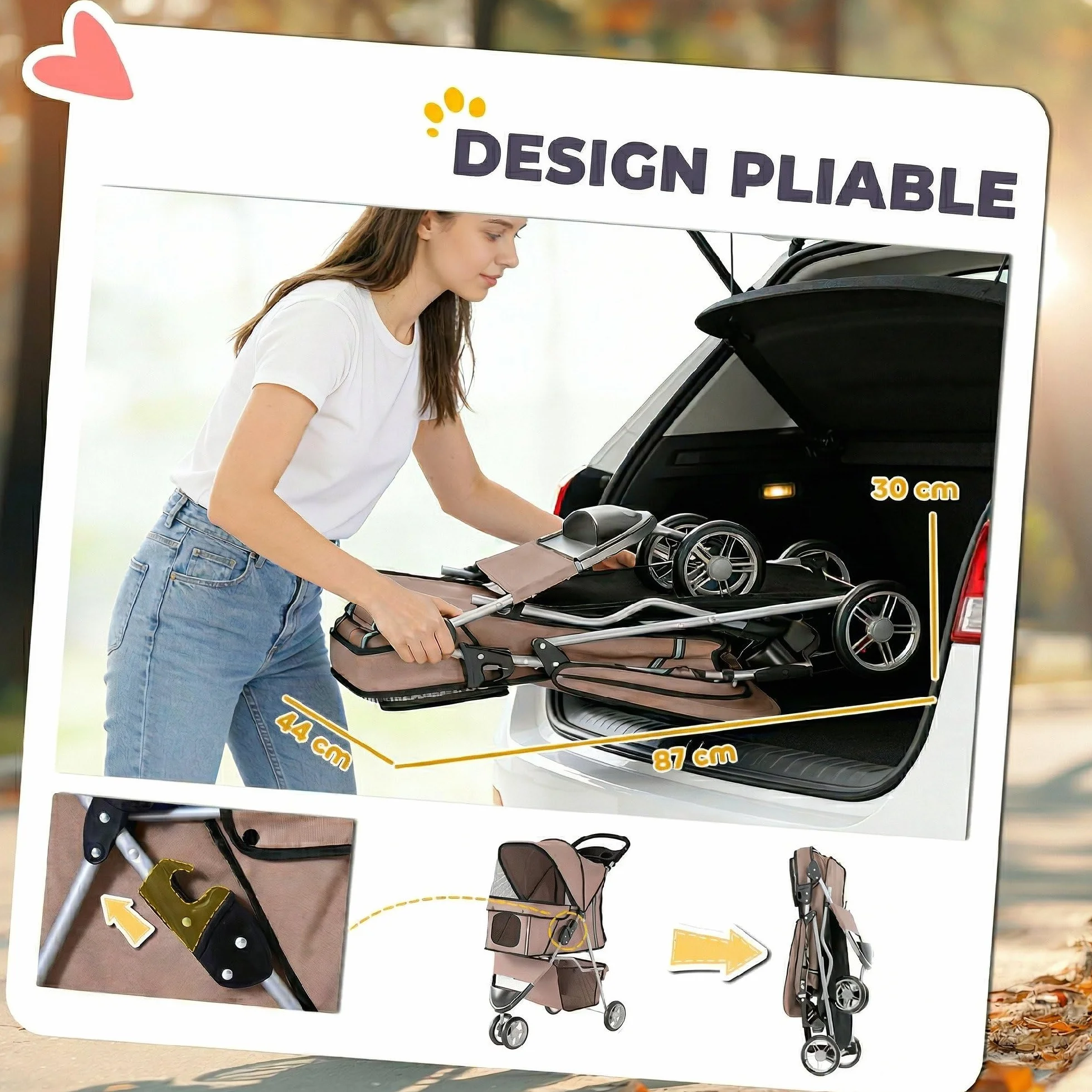 PawHut Poussette pour Chien 4 Roues Pliable avec Frein Auvent Réglable 77x44x102cm Café