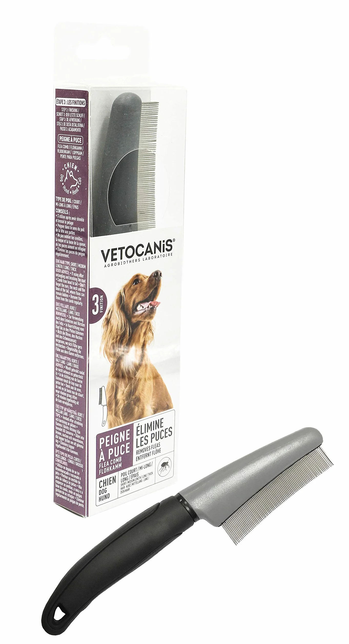 VETOCANIS Peigne Anti-Puces pour Chien, Peigne de Toilettage aux fines dents en Acier Inoxydable