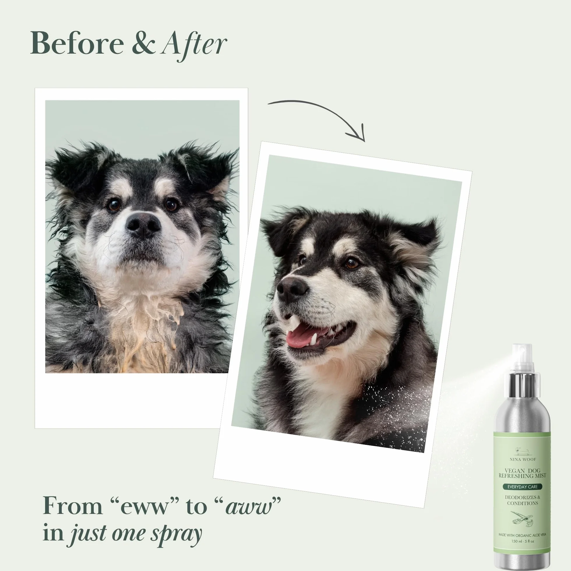 Nina Woof Spray désodorisant vegan pour chien 150 mL neutralise les odeurs rafraîchit démêle le pelage pH équilibré