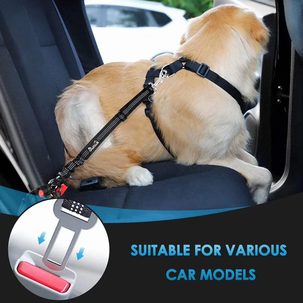 SlowTon Lot de 2 ceintures de sécurité pour chien pour voiture, réglables avec élastique amortisseur, laisse de voiture 2 en 1 pour animal domestique, attache de sécurité réfléchissante (noir,
