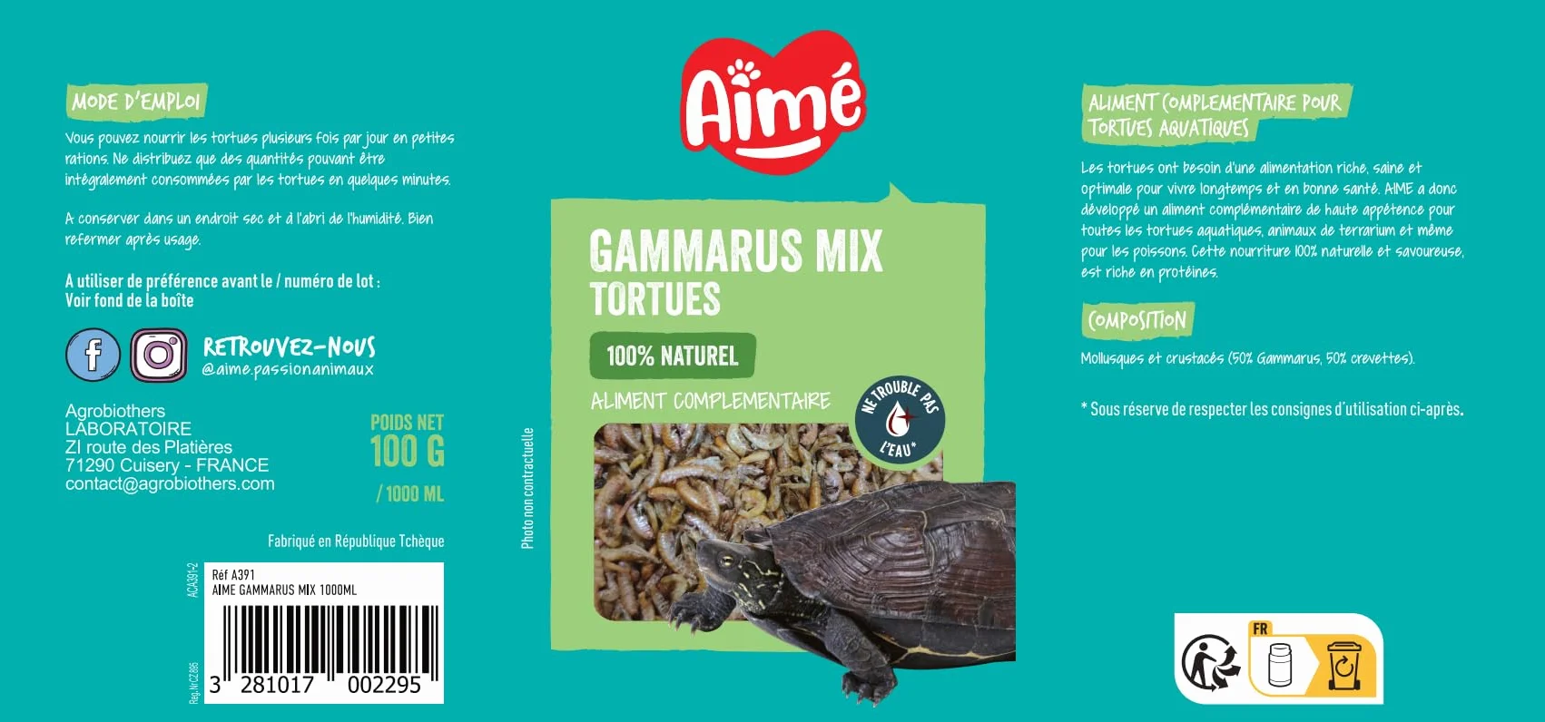 Aimé Mix Gammarus Nourriture Tortue Aquatique Aliment Complémentaire Naturel 100 g 1000 ml