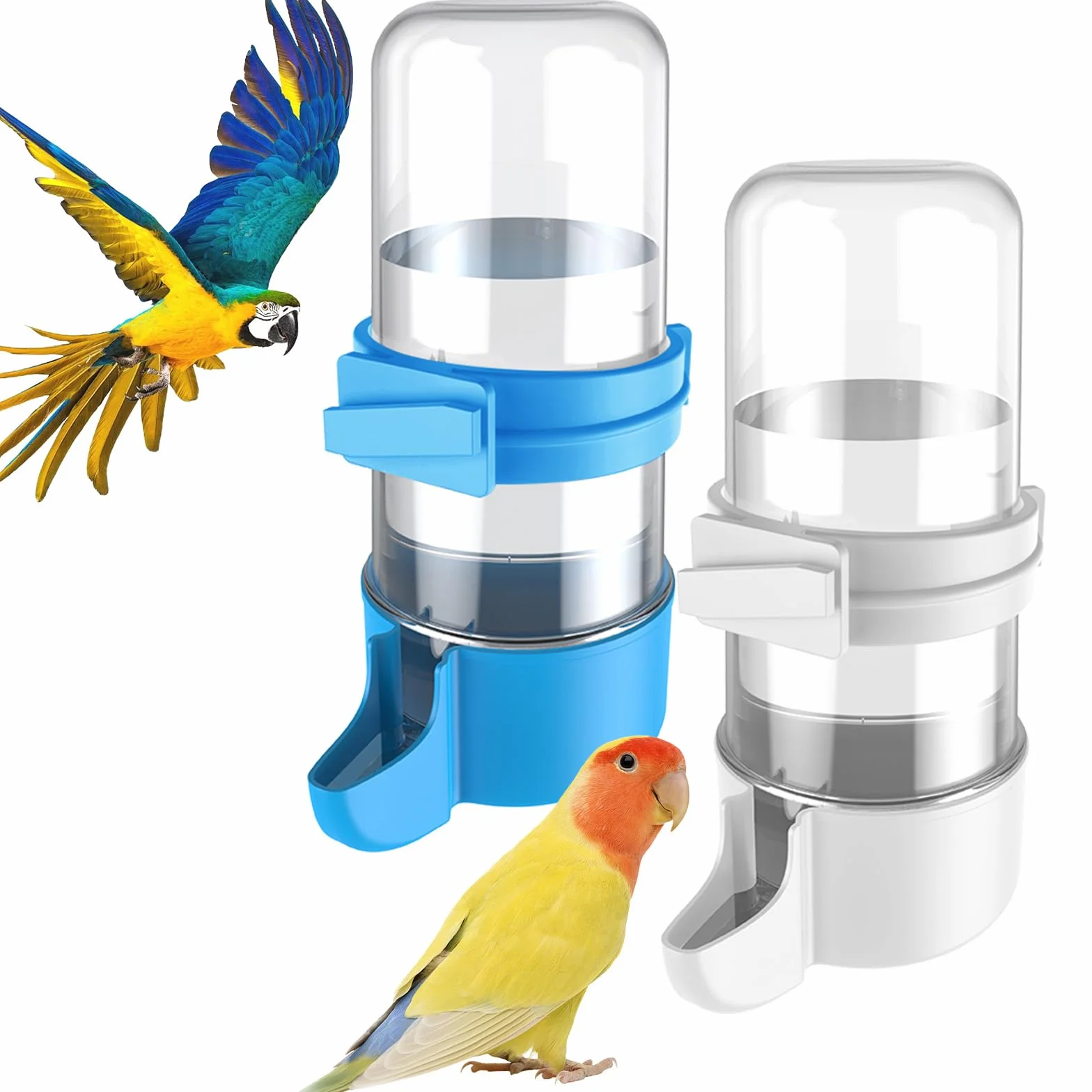 Pawfly 2 Pcs Distributeur d'eau Automatique pour Oiseaux, Mangeoire à Eau Automatique pour Oiseaux, Accessoires de Cage pour Perroquet & Hamster, Distributeur d'eau Blanc et Bleu pour Perruche