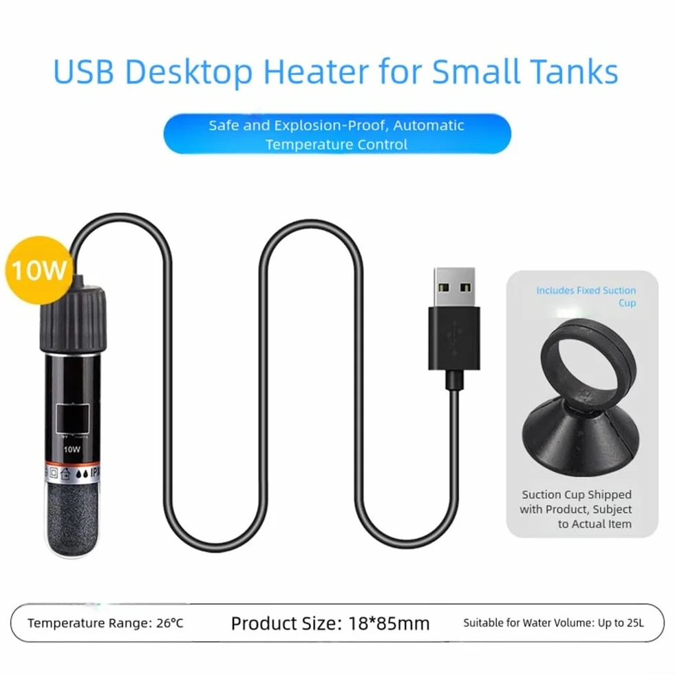Mini chauffage d'aquarium 8,5 cm 26 °C température constante automatique alimenté par USB 10 W pour petits aquariums