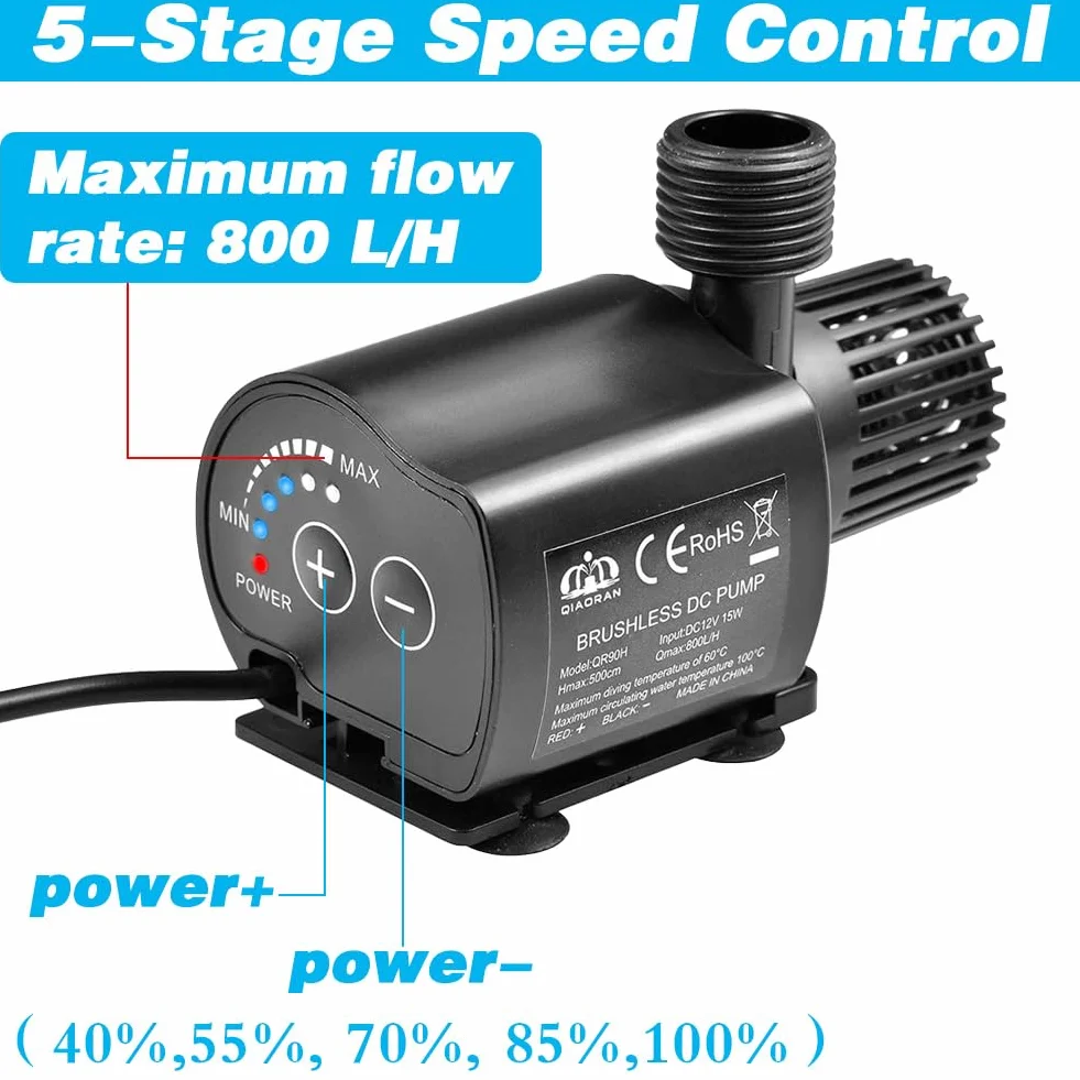 Pompe à eau 12V 800 l/h 5 vitesses 5 m pour bassin aquarium fontaine