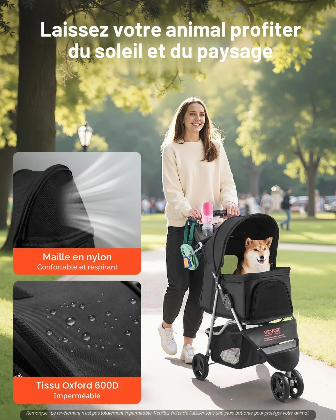 VEVOR Poussette pour Chien Animaux de Compagnie Pliable, Capacité 16 kg, 3 Roues Freins Arrière, Fenêtres Maille, Porte-gobelets
