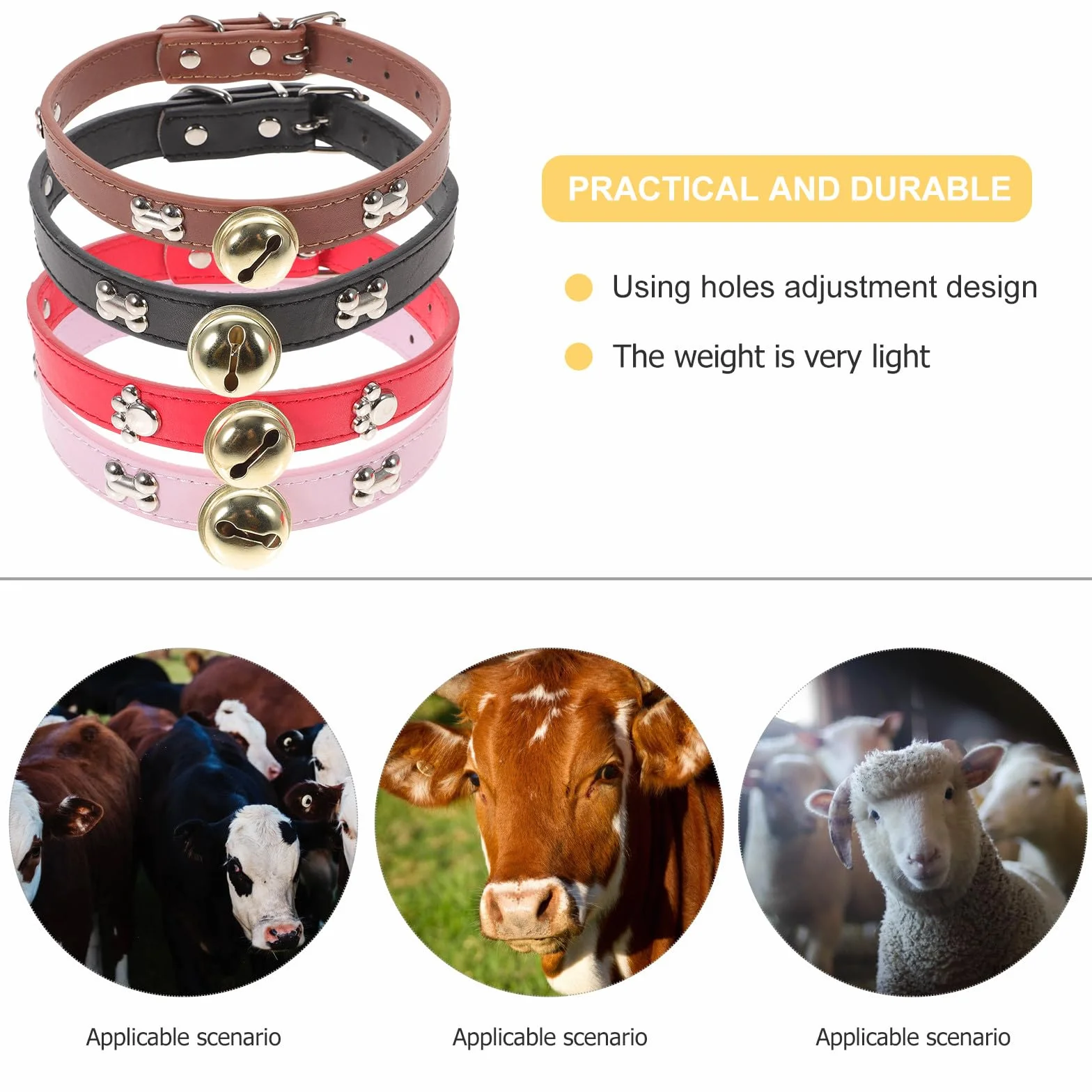 Gatuida Lot de 4 Colliers en PU Réglables pour Bétail avec Clochettes, Design à Trous pour Ajustement Facile, Adaptés pour Vaches et Chèvres en Élevage