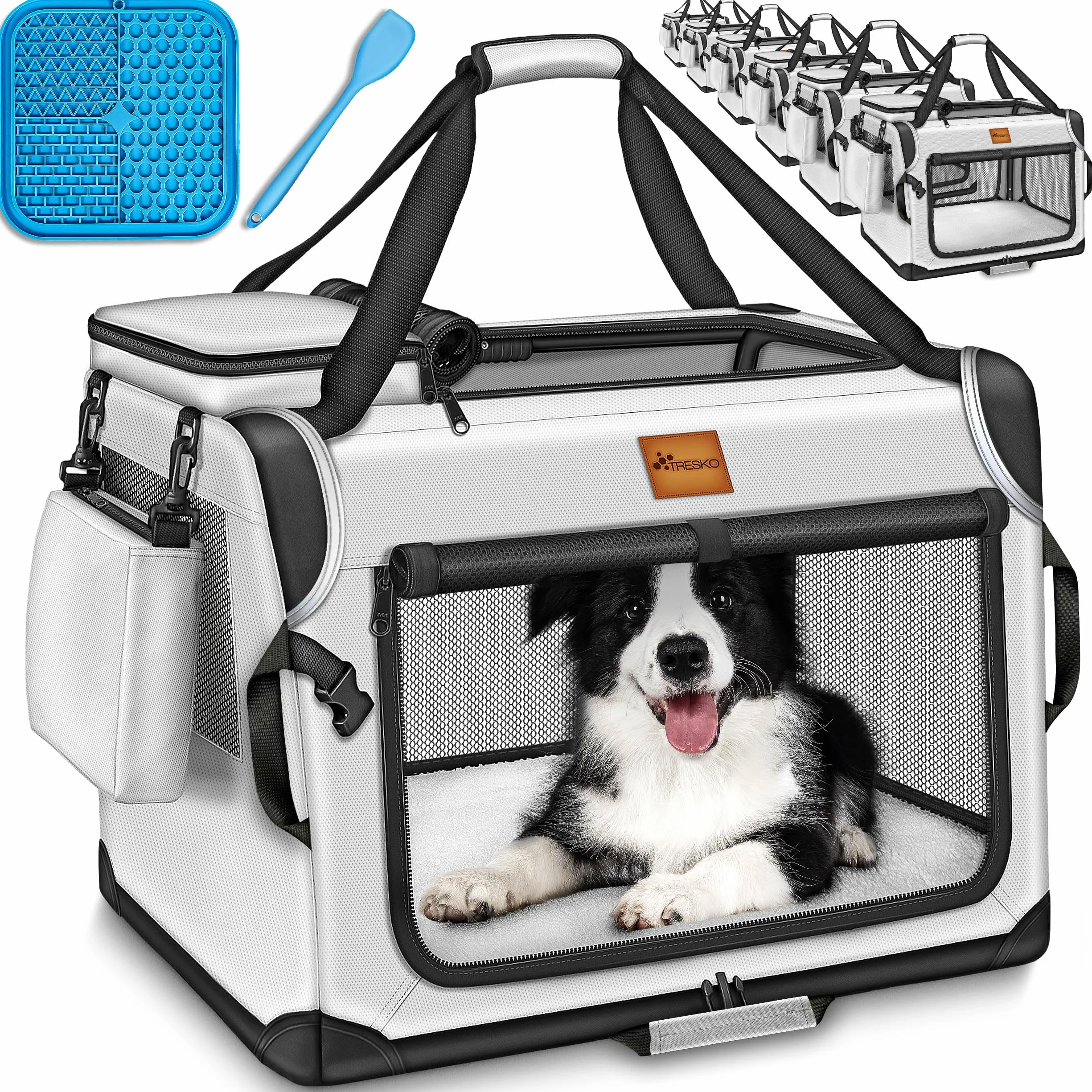 TRESKO Caisse de transport pliable pour chiens et chats, taille M, 61 x 42 x 42 cm, gris