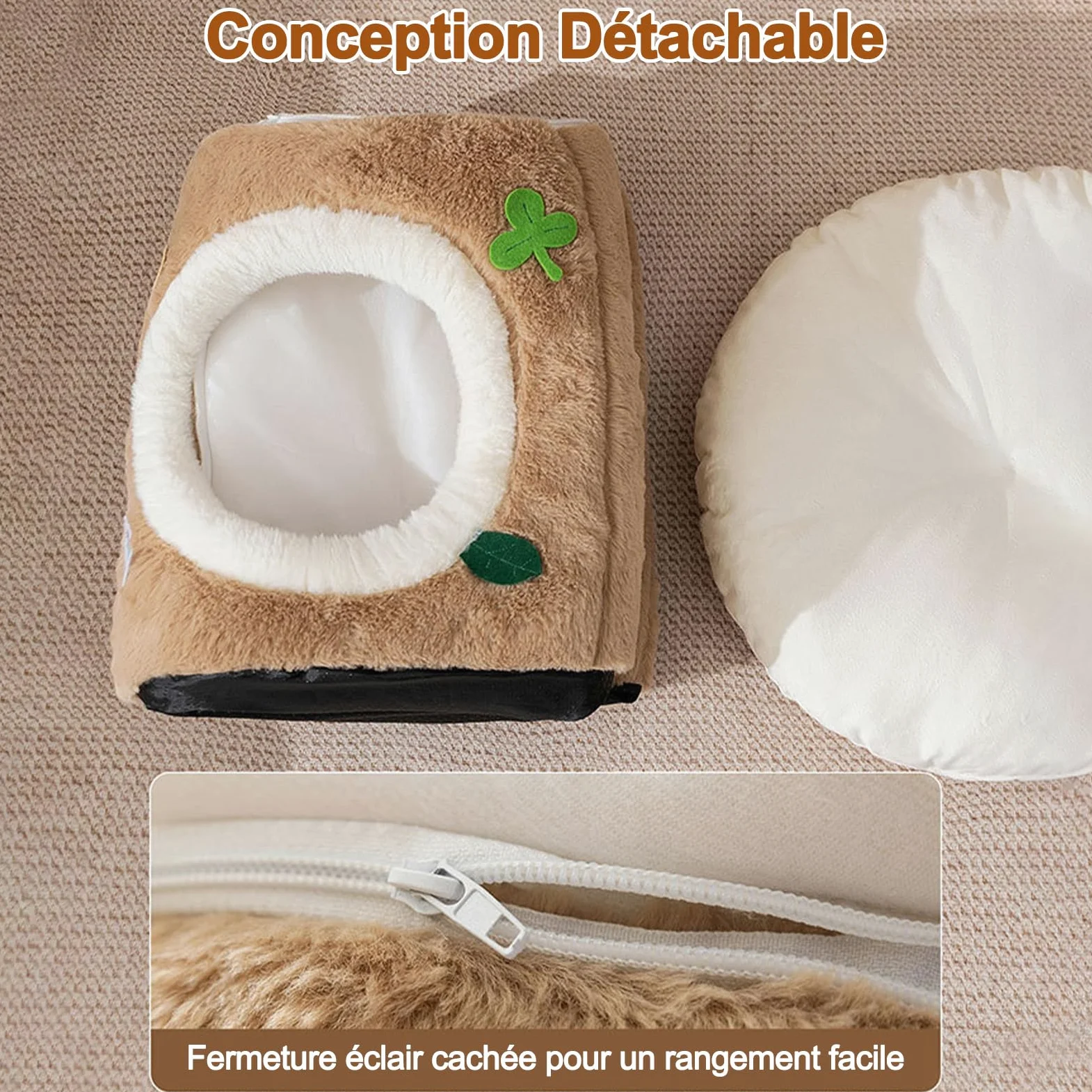 Galatée Niche pour Chat, Lit en Peluche Ultra Doux avec Dessous Antidérapant, Niche pour Chien Au Design Mignon Et Dessin Animé, Nid Spacieux, Tipi pour Chat Chaud Et Confortable(L, Marron)