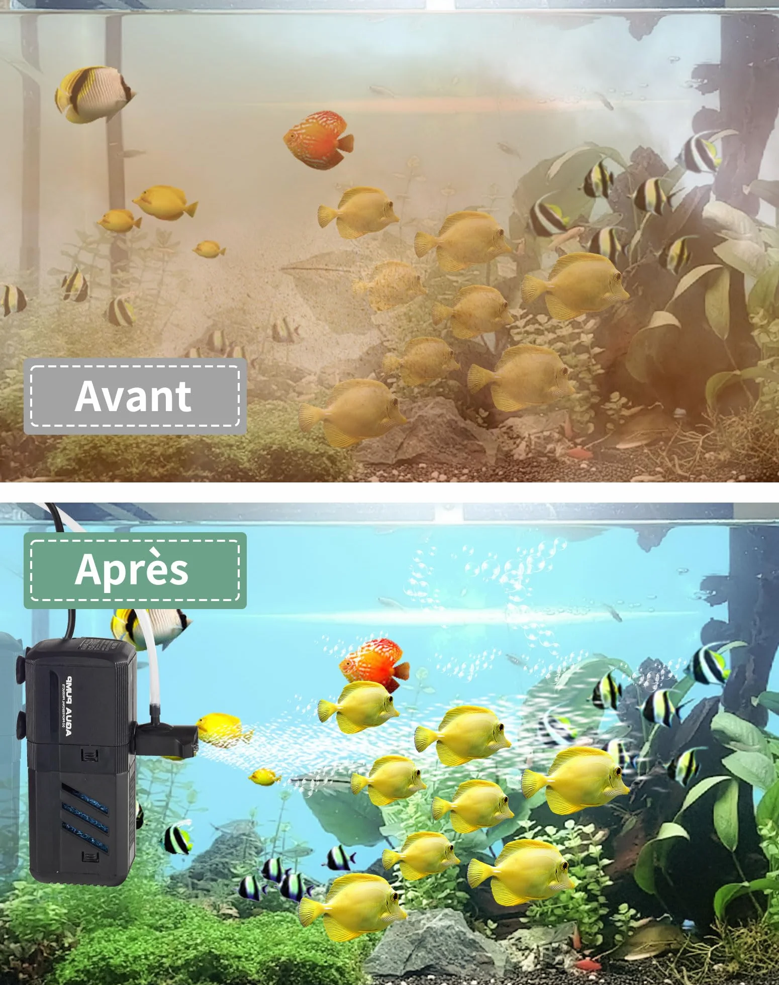 Filtre Intérieur Aquarium 500L/H 6W Pompe Aquarium Réglable Débit d'Eau Filtre Interne 30-500L avec Éponges Filtrantes
