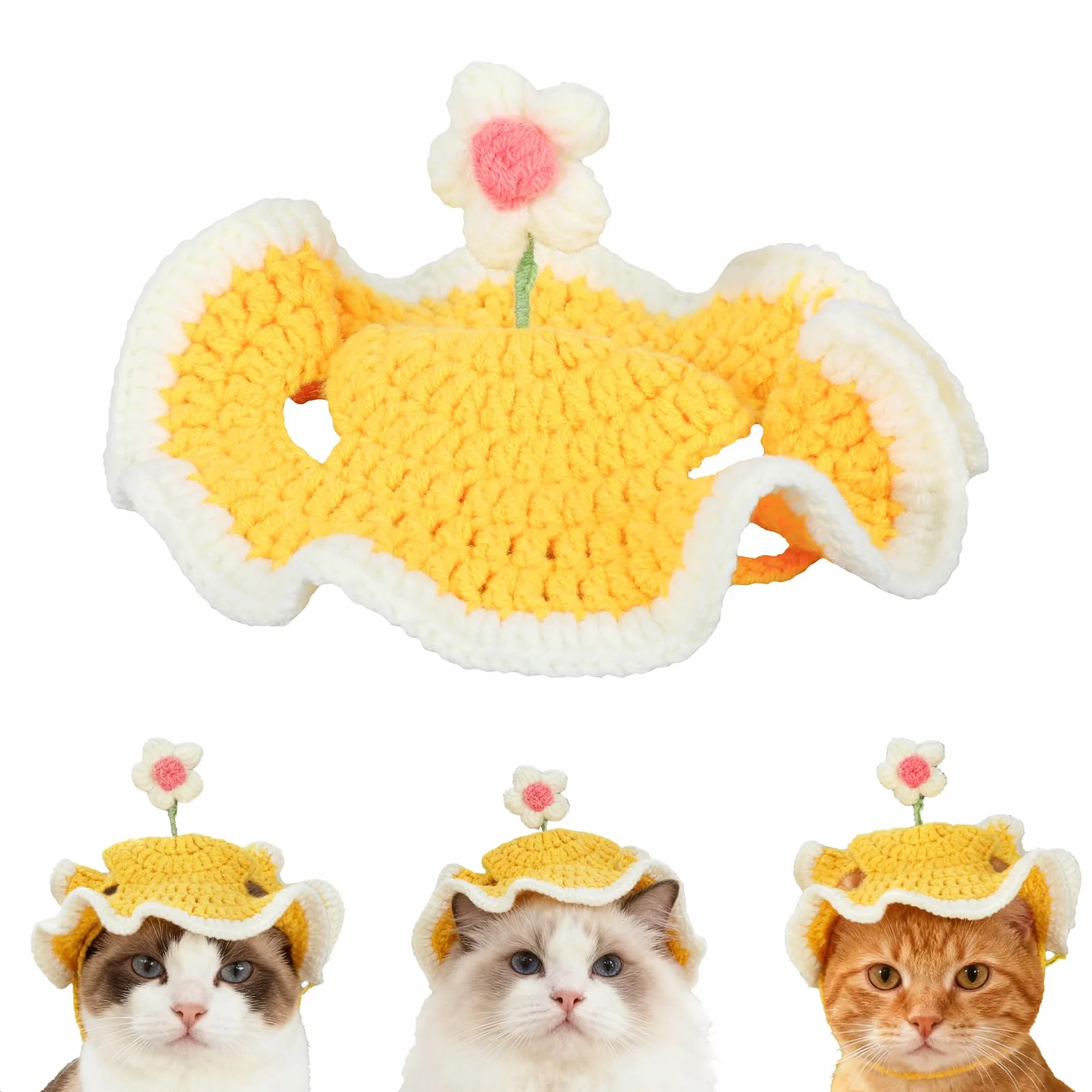 Chapeau d'anniversaire pour Chat avec Trous Oreilles, Ajustable, Tricoté, Mignon Design Fleur, Jaune