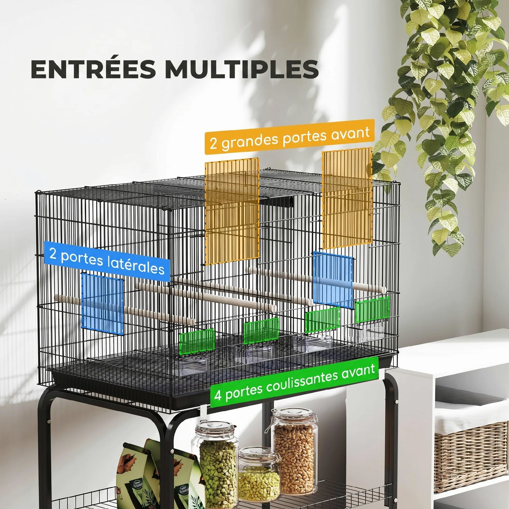 PawHut Cage à Oiseaux Volière Acier Séparateur Perruches 76x46x116cm Noir | Intérieur, 4 Perchoirs, Plateau Coulissant, 4 Mangeoires, Support avec Étagère et roulettes, Canaris, Pinsons