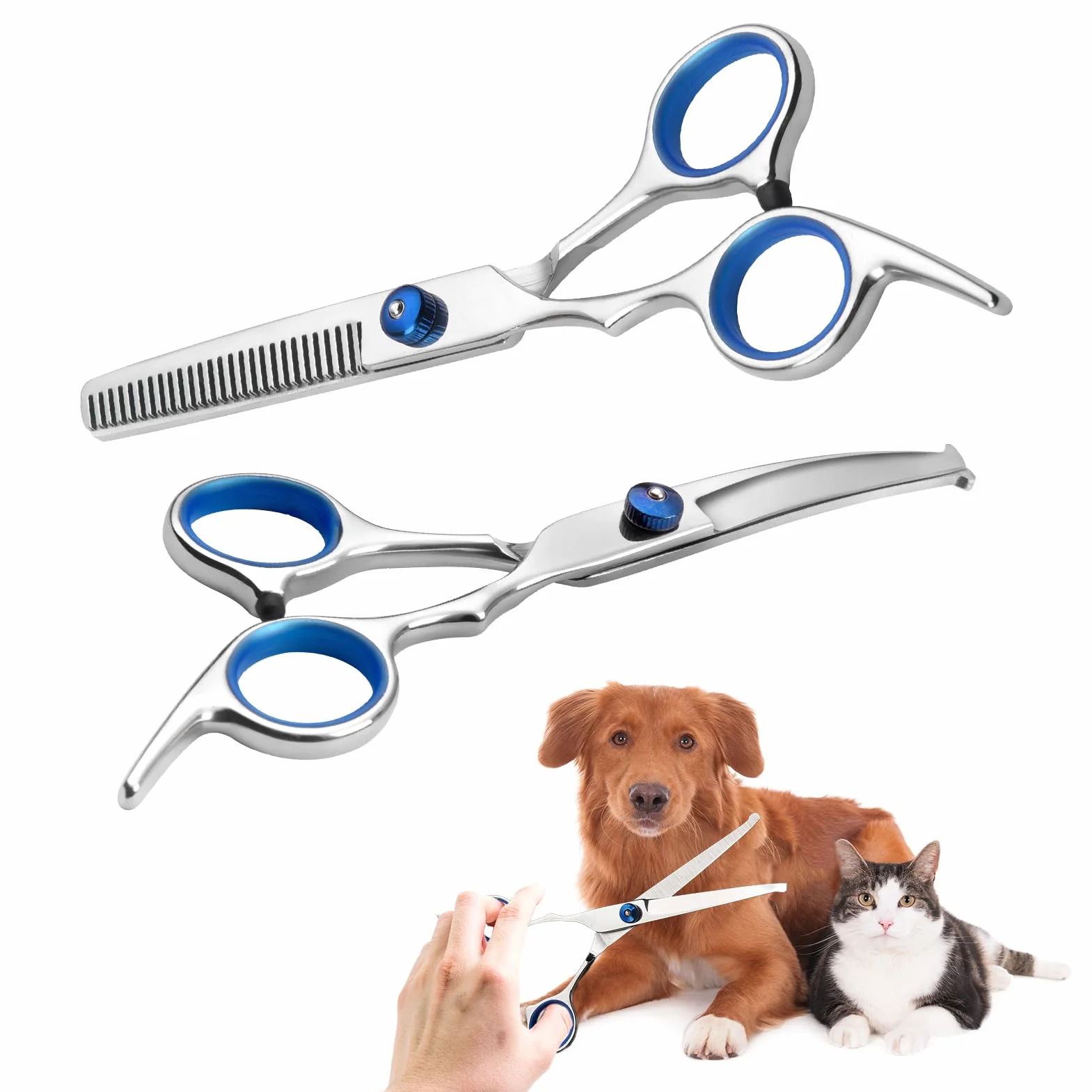 Ciseaux Toilettage Chien, Lot de 2 Cise aux de Toilettage pour Chiens, Cis eaux Ch ien Toil ettage, Ciseaux pour Chien, Cis eaux Chi en, Cisea ux incurvés et Ci seaux Désépaissir pour Visage