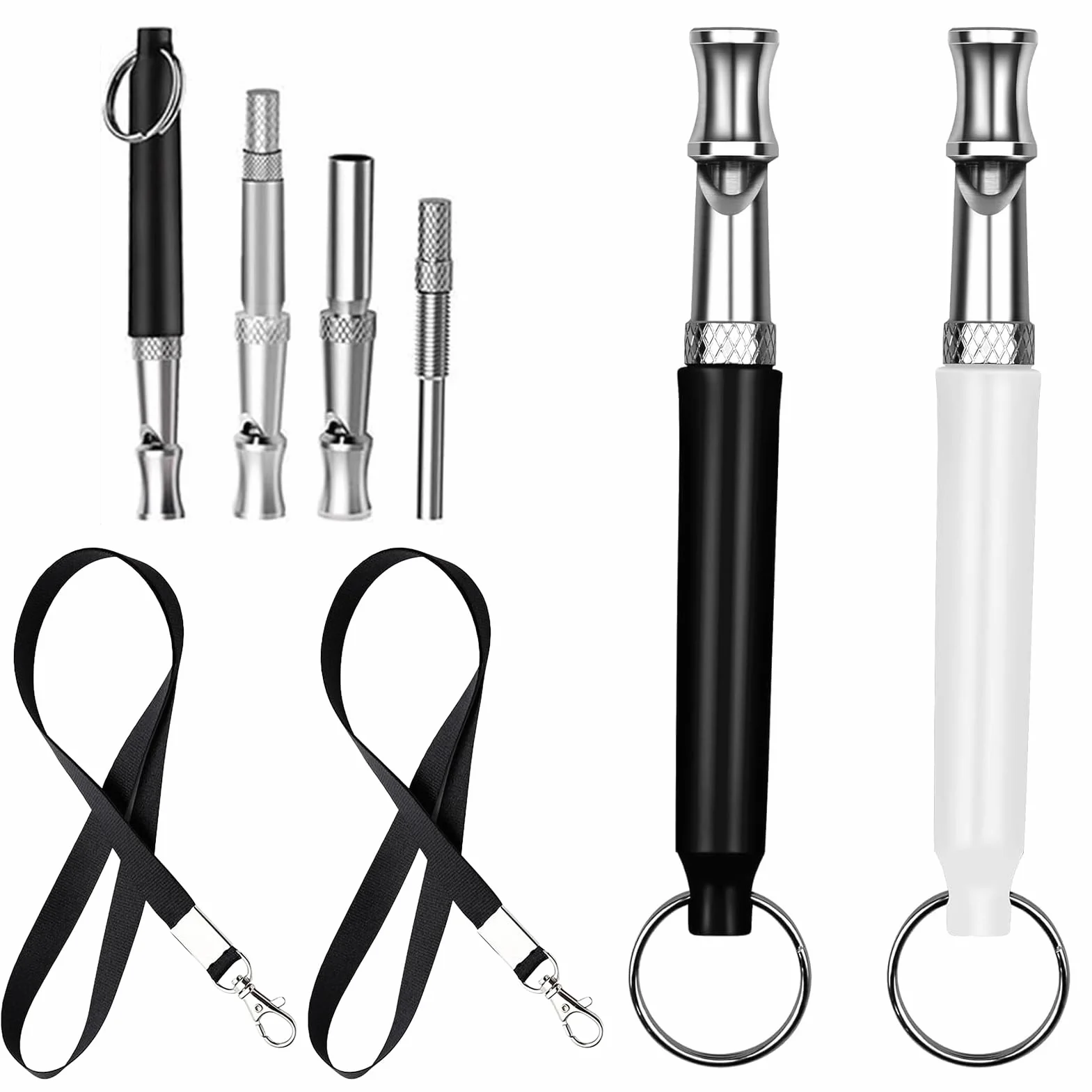 Sifflet Chien Ultrason Anti Aboiement Dressage Rappel avec Lanières, Fréquence Réglable, Silencieux, Noir et Blanc