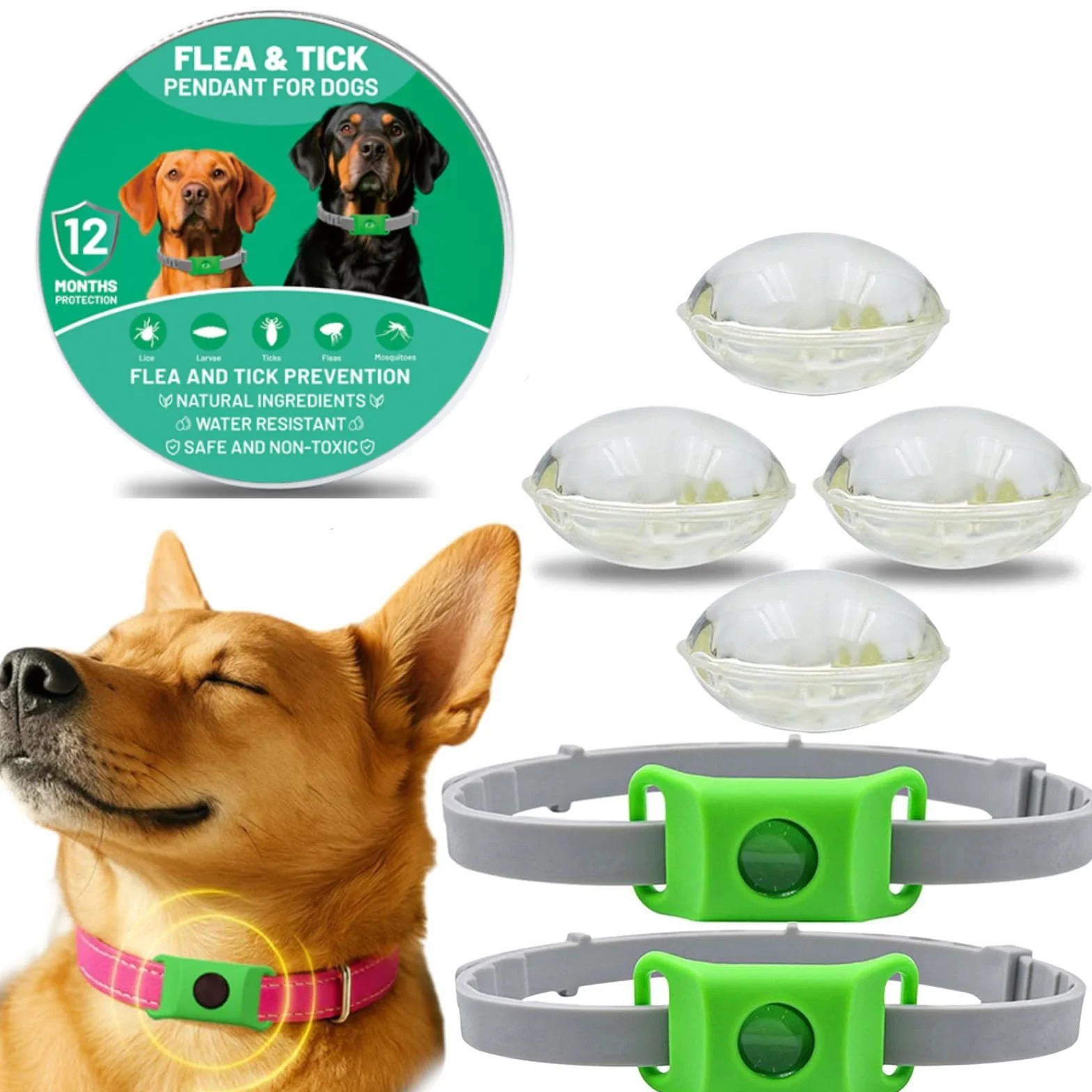 Collier Anti Puces pour Chien Réglable avec 2 Capsules Remplaçables, Étanche
