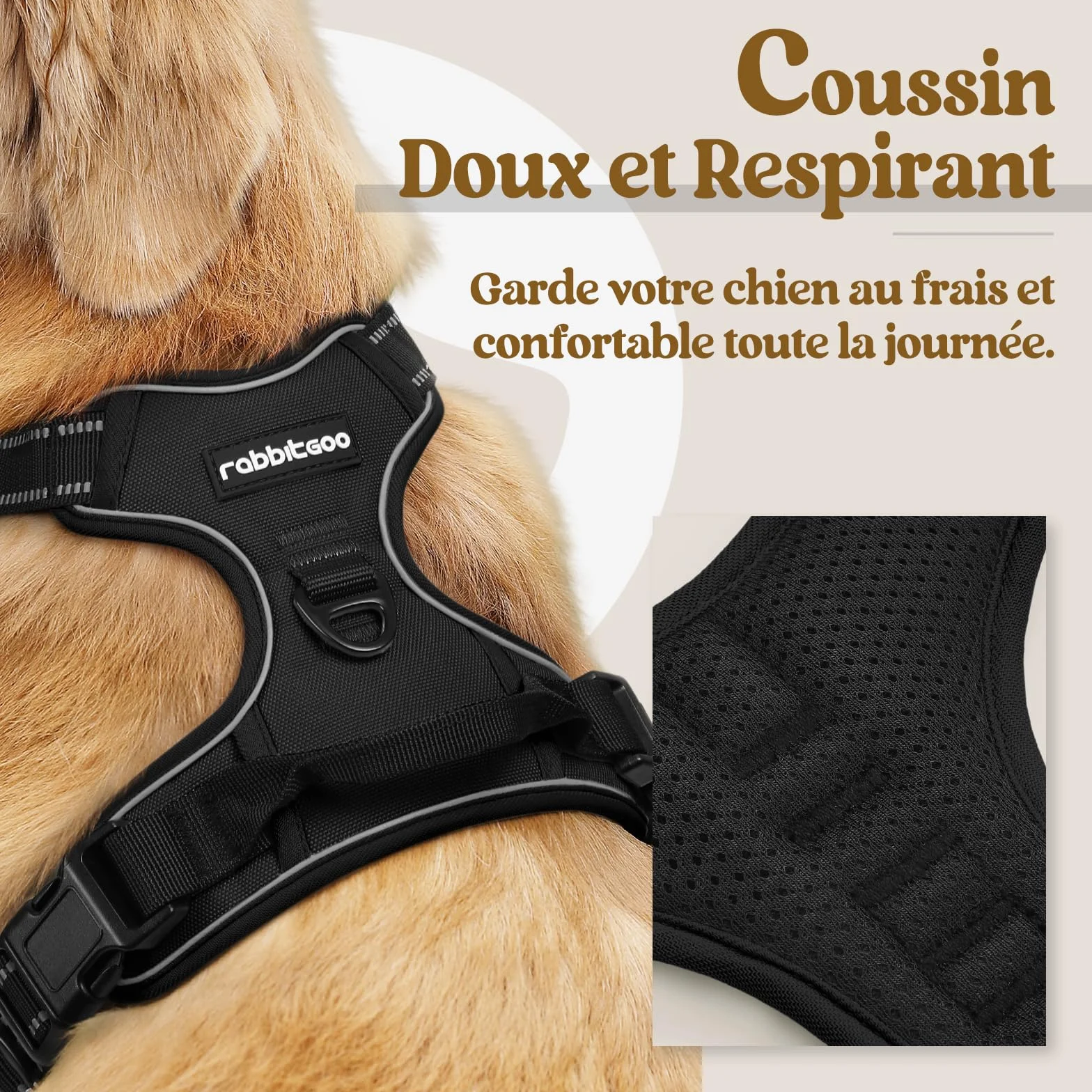 Rabbitgoo Harnais Chien Anti Traction avec Poignée Contrôle, Gilet Réfléchissant Réglable Attache Devant, L Noir