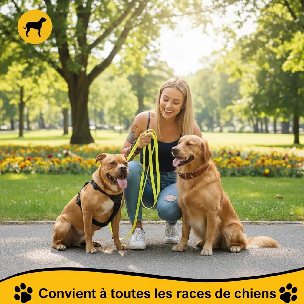 Longe pour Chien 15m avec Deux Poignées, Laisse de Dressage Solide, Sac de Rangement, Jaune-Vert
