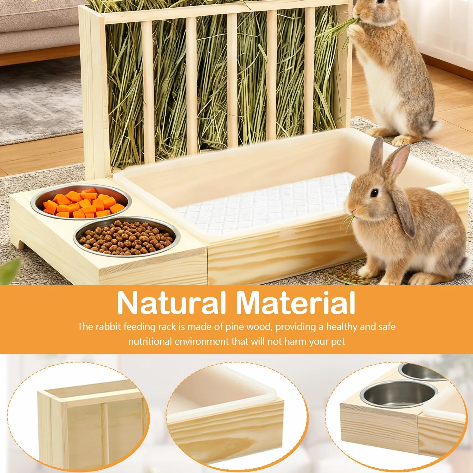 Râtelier à Foin en Bois pour Lapins Cochons d'Inde Hamsters avec Toilettes et Gamelle