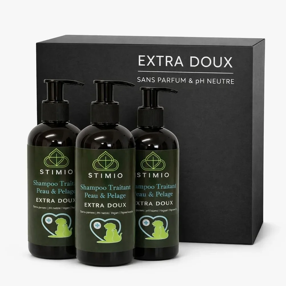 Pack économique 3×250 ml – Shampooing chien EXTRA SENSIBLE – pH doux, formule vegan, sans parfum, nettoyage doux avec extraits végétaux (tilleul, bouleau, alchémille) – pour chiens sensibles & chiots