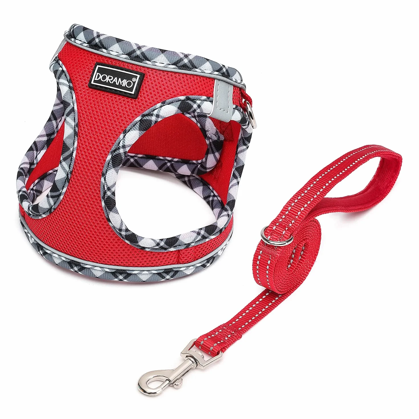 Harnais Chien Réfléchissant Respirant Mesh Doux Confort Réglable avec Laisse pour Petits Chiens Chats Marcher Courir (Rouge, S)