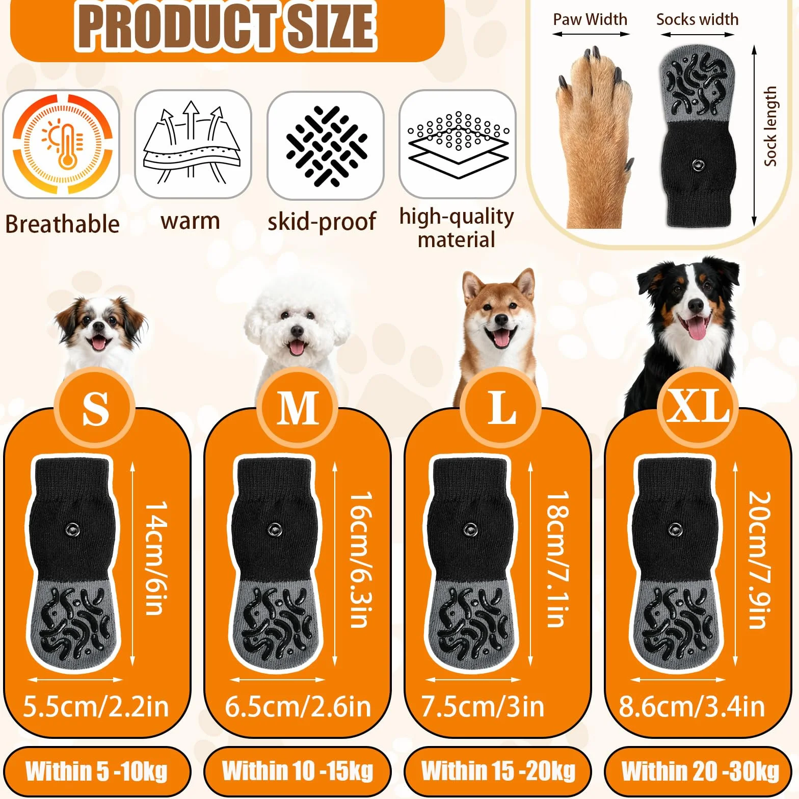 Chaussettes Antidérapantes pour Chiens 2 Paires Pattes Animal Sol Intérieur Petits Moyens Grands