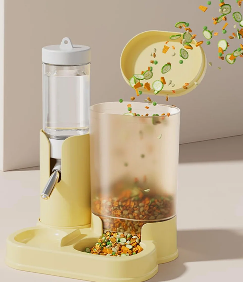 Gourde étanche pour hamster avec distributeur automatique de nourriture, transparent, buse en acier inoxydable, jaune