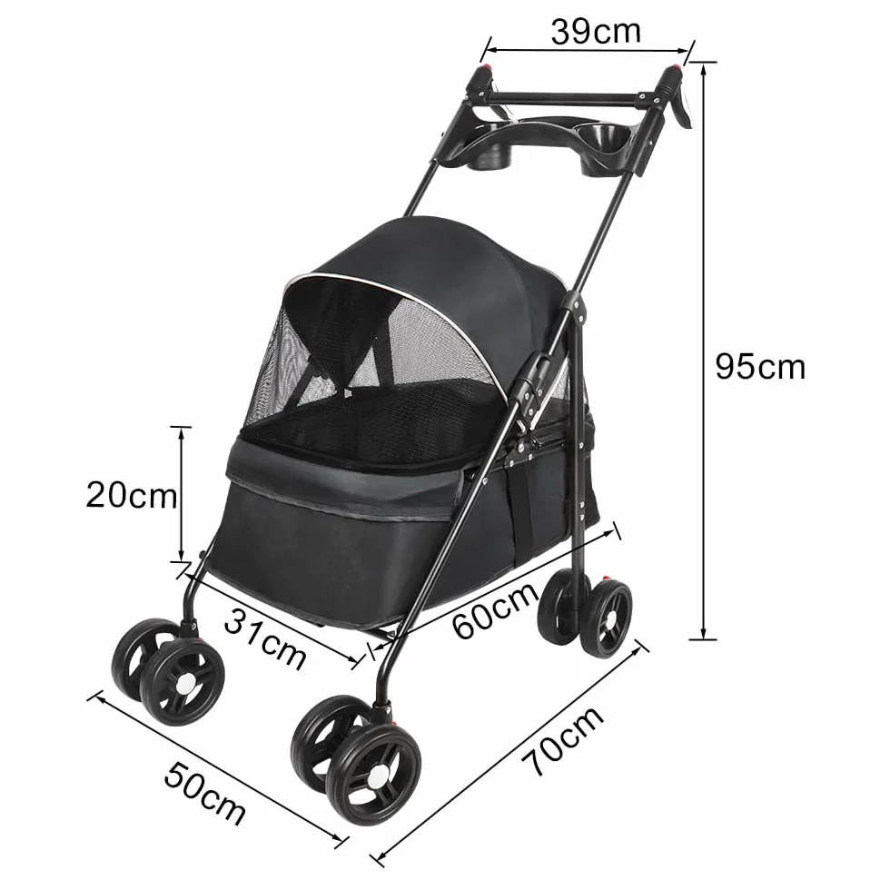 Poussette pour Chien 25 Kg avec Sac de Rangement, Housse de Pluie et Porte-gobelet - Pet Stroller Buggy 50x70x95cm Noir