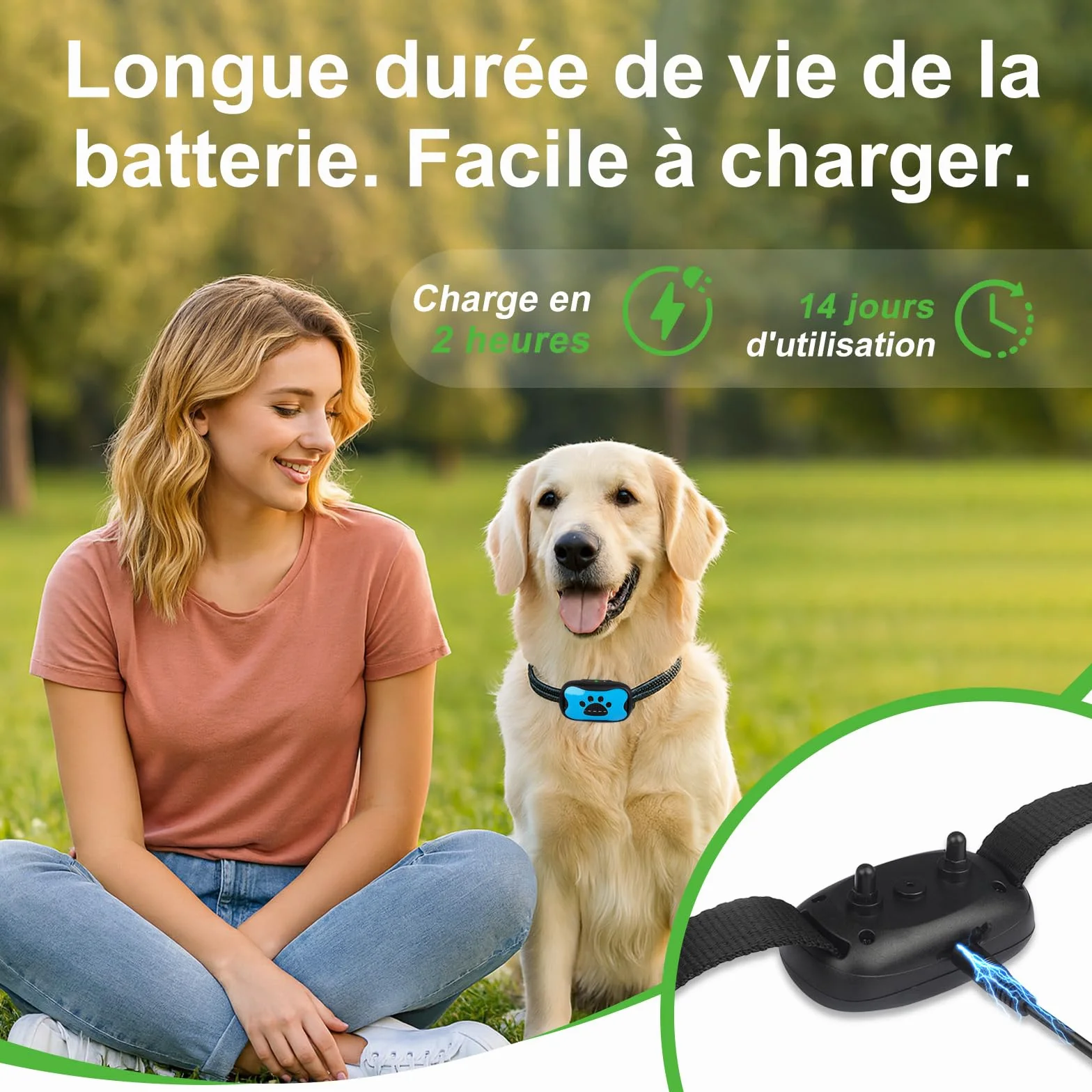 Collier Anti-Aboiement pour Chien sans Douleur, 7 Niveaux Sensibilité, Vibration + Son, Rechargeable (Blue)