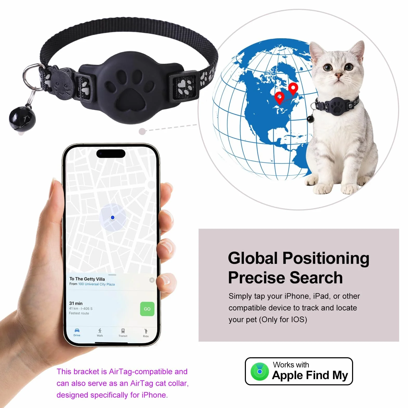 Collier GPS Chat Traceur Bluetooth Compatible Deux Systèmes Sans Abonnement Étanche Léger Réfléchissant Réglable Amovible 19-32 cm