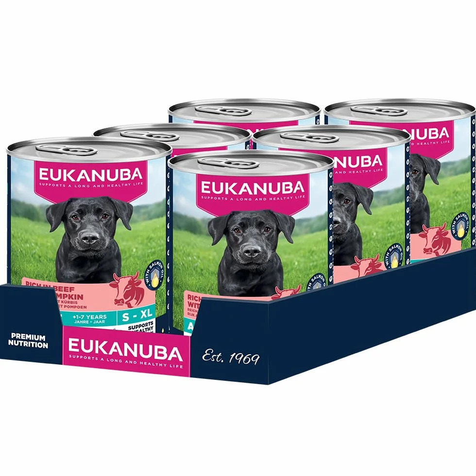 EUKANUBA Life Care Aliment Humide Chien Adulte 1-7 Ans Toutes Races, Pâtée Riche en Bœuf & Courges, Oméga-3, Calcium, 6x400g