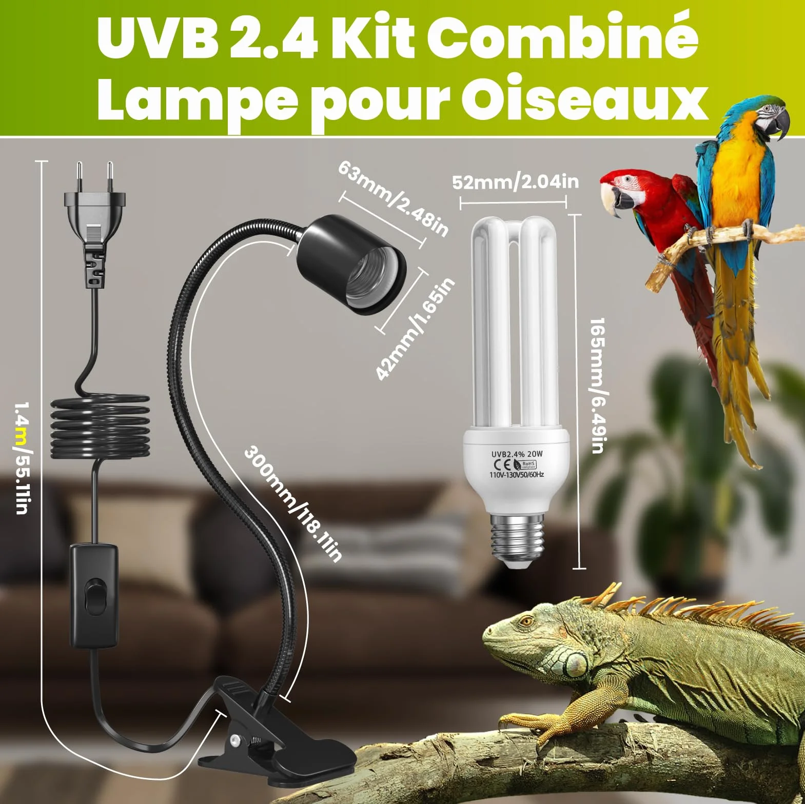 GlowUp UVB 2.4 Kit complet éclairage oiseaux lampe pince ampoule E27 20W