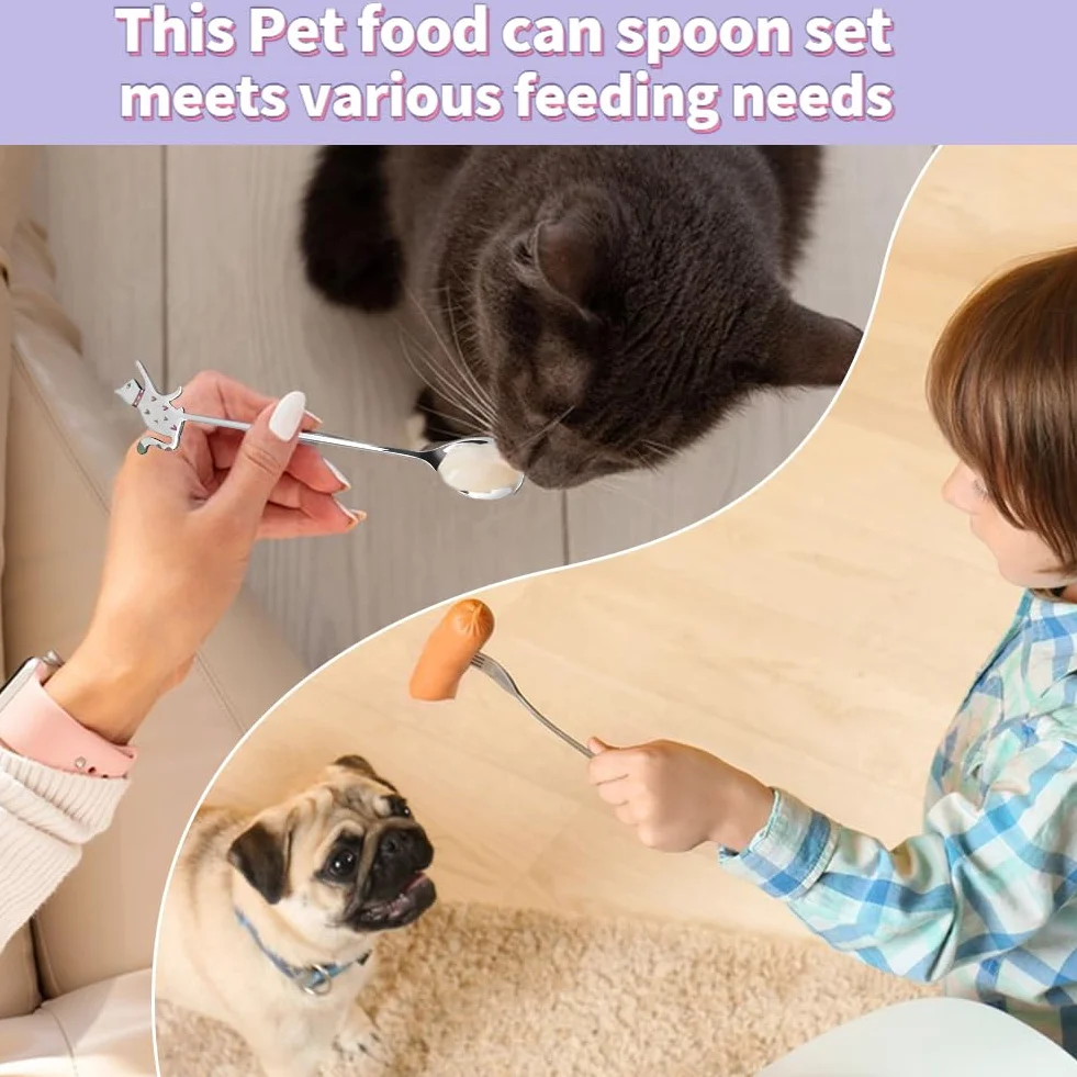 Cuillère à friandises pour chat en acier inoxydable, 2 petites fourchettes, set de cuillères de nourriture humide