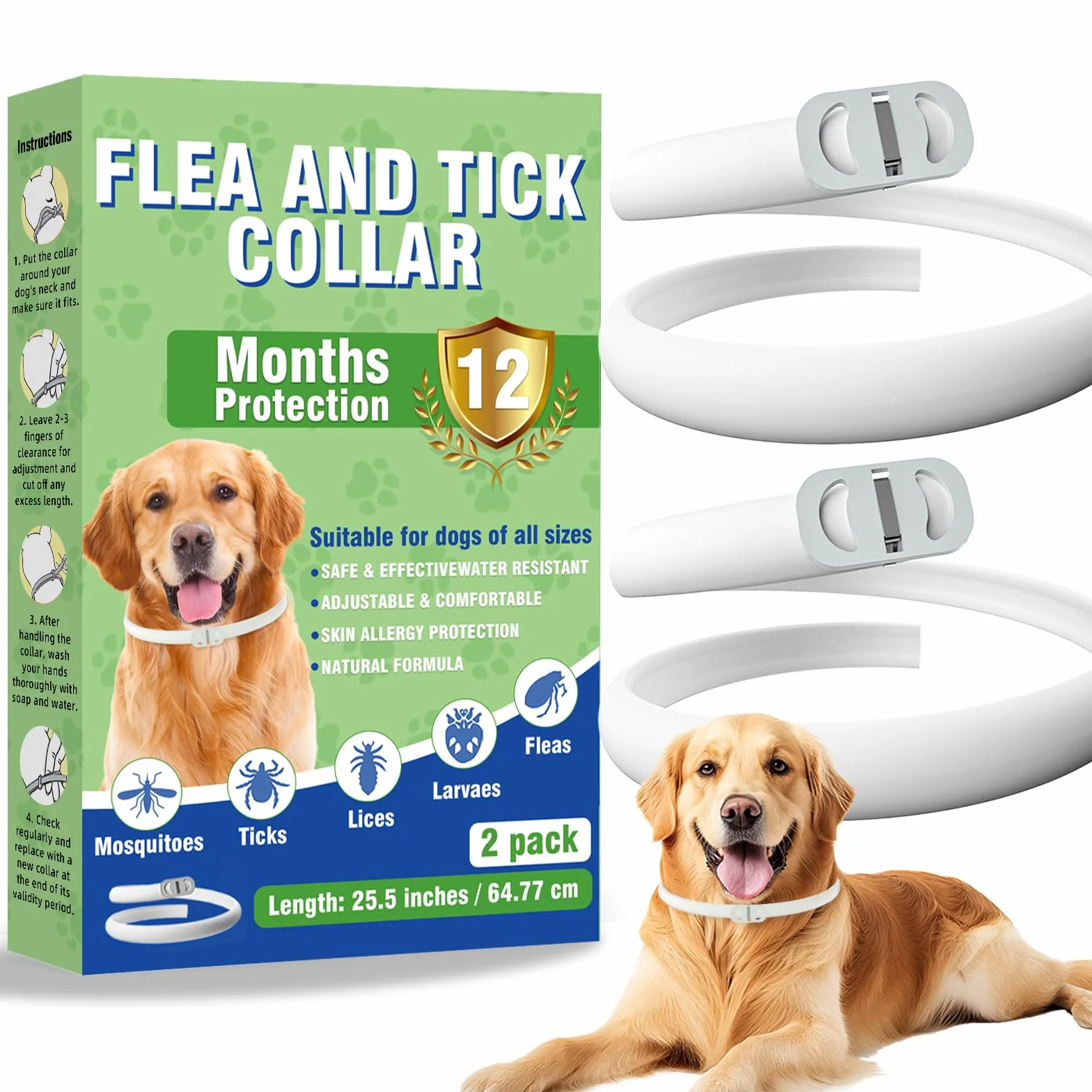 Collier Anti Puces pour Chien, Collier Réglable Résistant à l'eau, 12 Mois Protection (2 Pack)