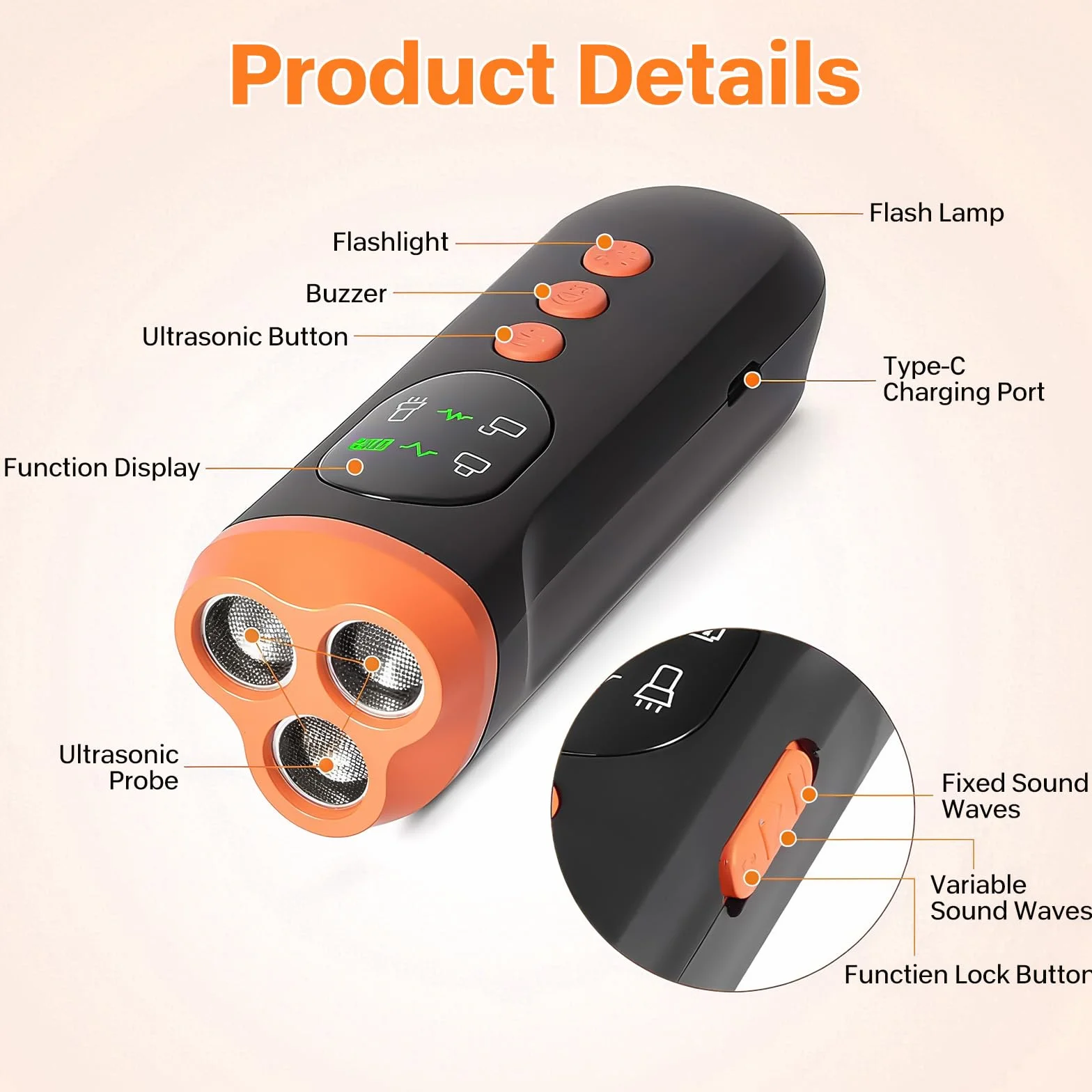 Anti Aboiement Chien Ultrason Puissant 3 Modes Dispositif Portatif 33 Pieds avec Lampe Stroboscopique