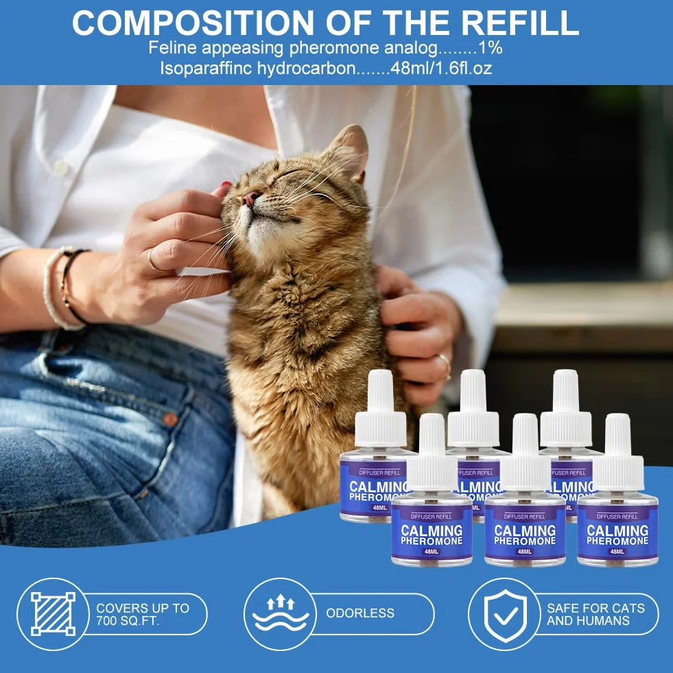 Aomig Pets Recharge Diffuseur pour Chats Lot de 6 x 48ml, Phéromones Calmant